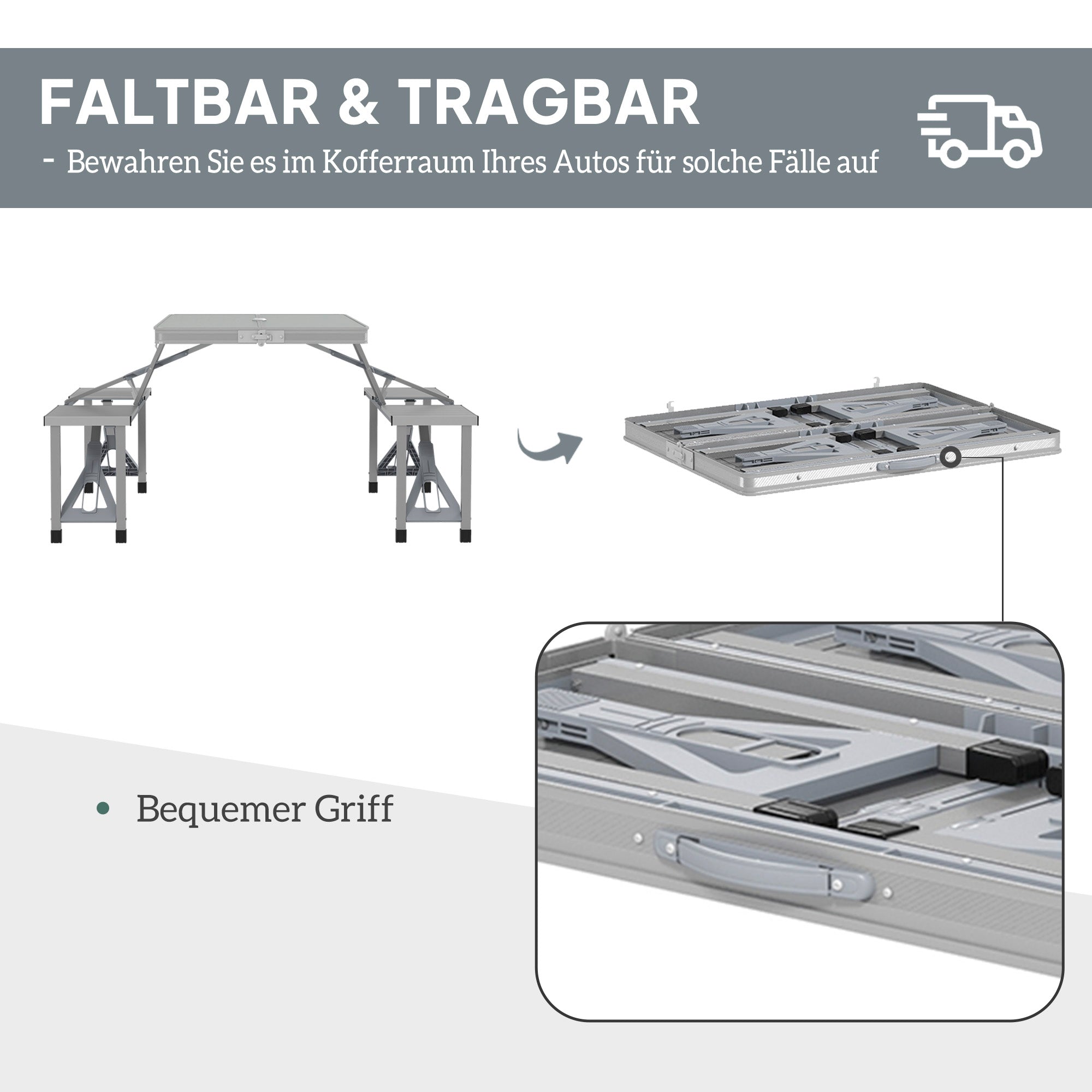 Outsunny Campingtisch Klapptisch mit 4 Stühle Klappbarer Gartentisch aus Aluminium 85,5 x 135cm Grau