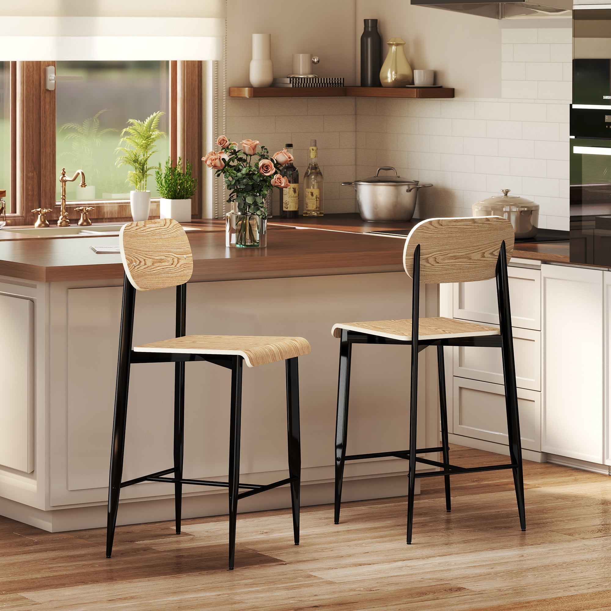 HOMCOM 2er-Set Barhocker, Barstühle mit Rückenlehne und Metallgestell, Holz, Hellbraun