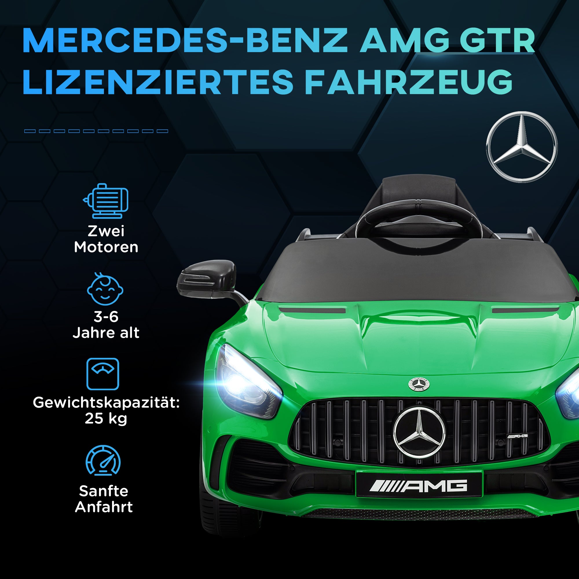 AIYAPLAY Elektro-Kinderauto, Mercedes, 3-5 km/h, Fernbedienung, Licht & Musik, Grün