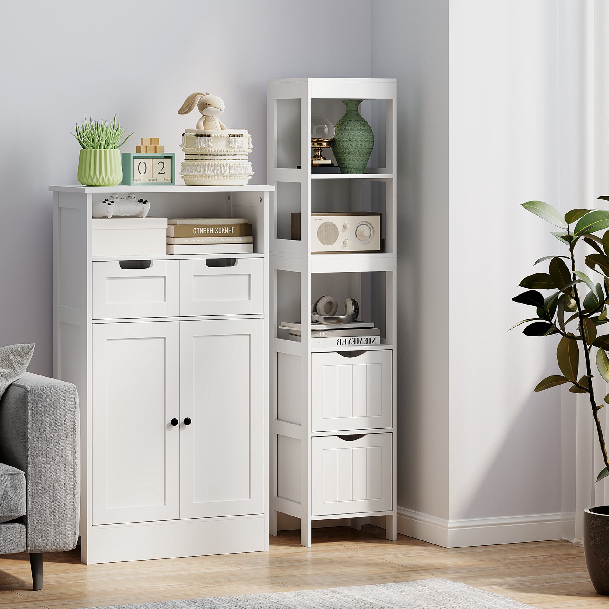 HOMCOM Badezimmerschrank, Kompaktes Badezimmerregal mit 2 Schubladen und 3 offenen Fächern, Freistehendes Badregal, MDF, Weiß