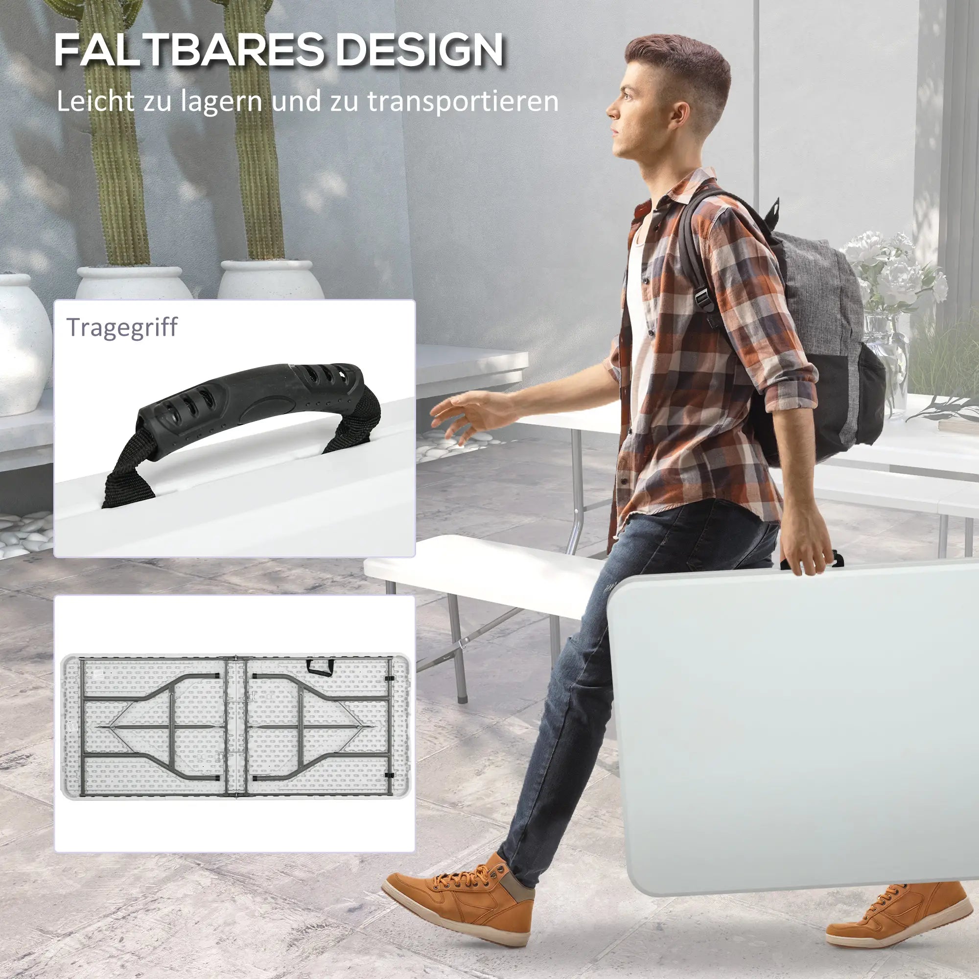 Klapptisch 180x75?cm für 6 Personen, Weiß, HDPE