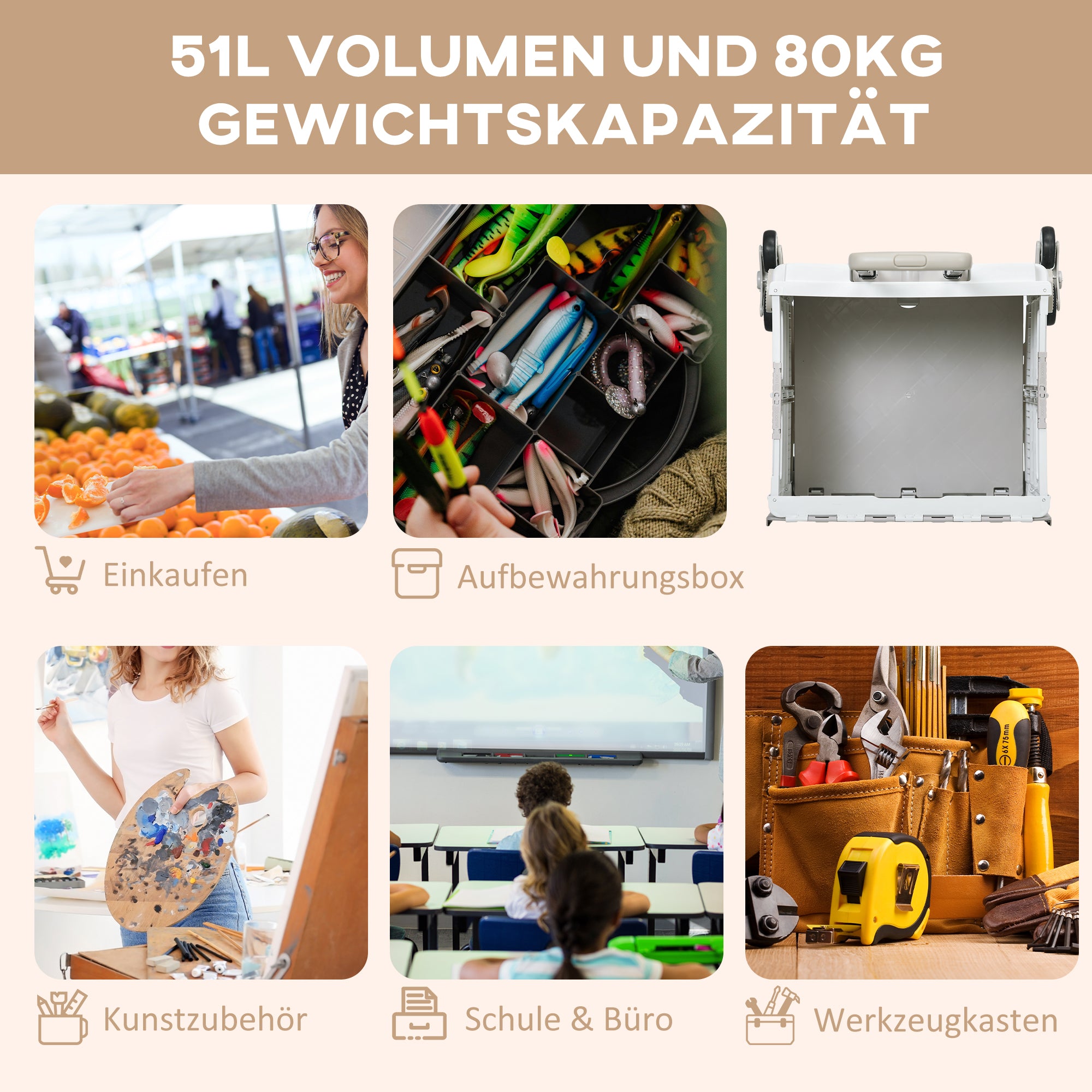 HOMCOM Einkaufstrolley Treppensteiger Mobile Transportbox,  klappbar, Teleskopgriff, bis max. 65 Kilo belastbar, Weiß