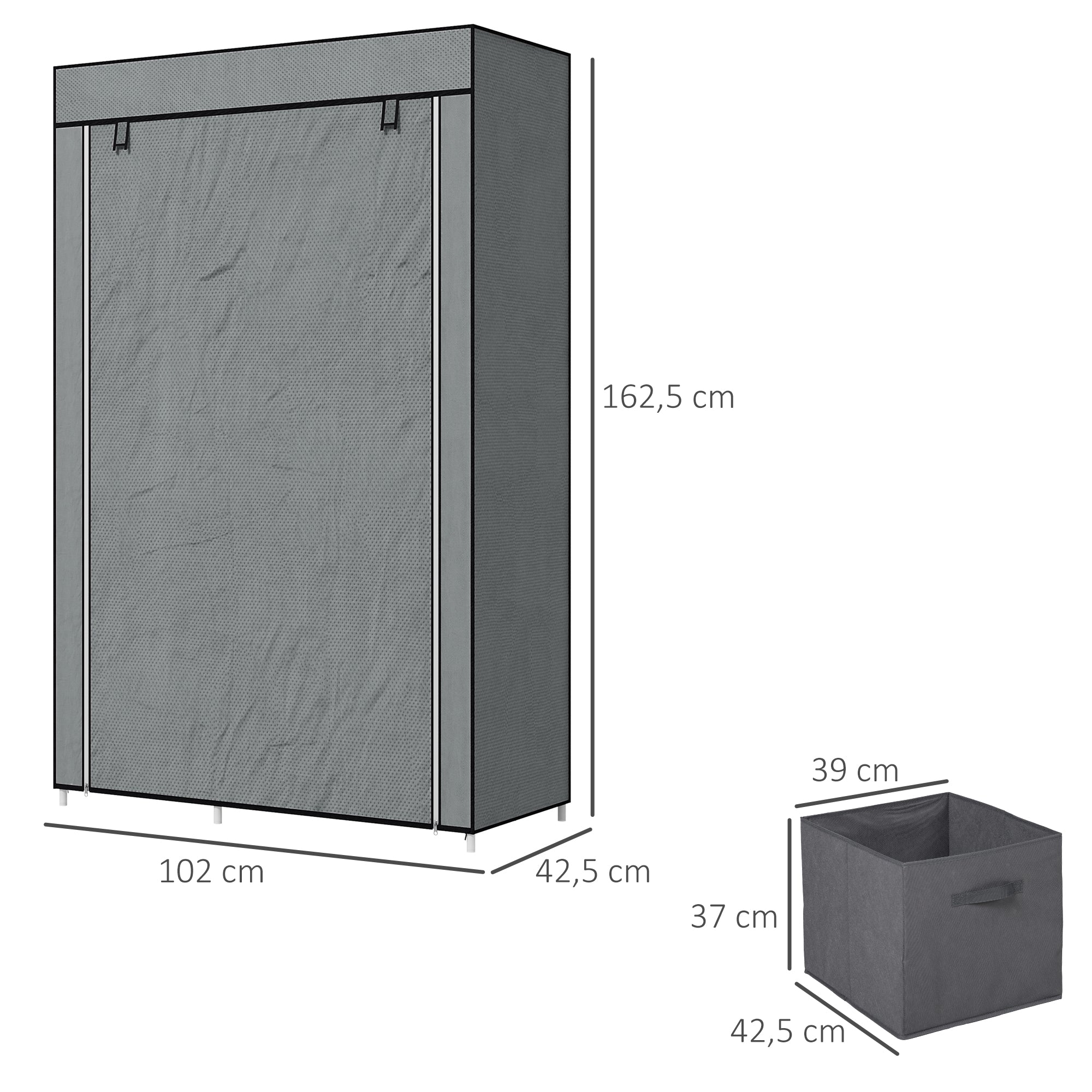HOMCOM Stoffschrank Kleiderschrank faltbarer Schrank, 1 Kleiderstange, 6 Regalböden, 102 x 42.5 x 162.5 cm, Grau