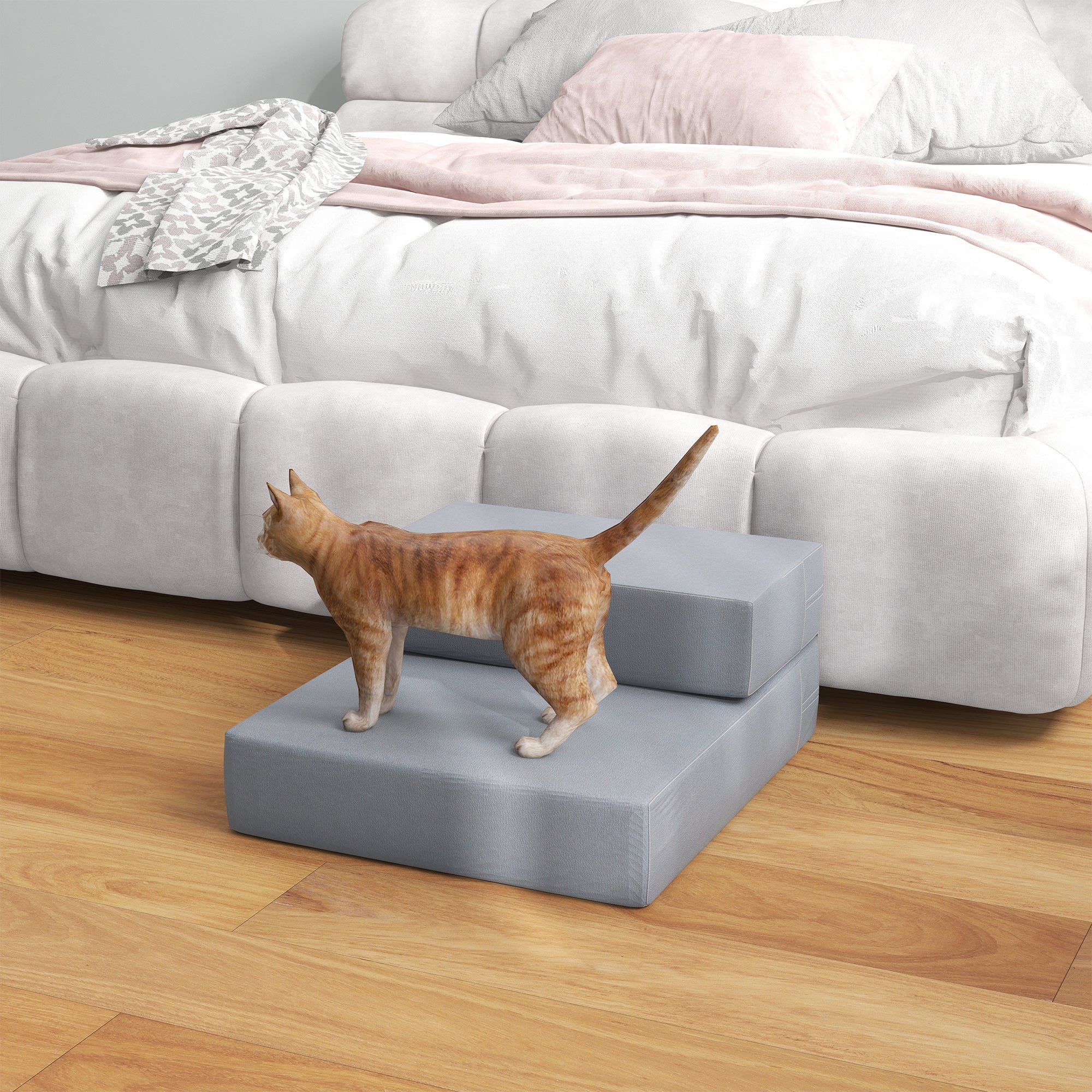 PawHut Haustiertreppe Tierunterlage 2 Stufen Klappbar bis 7 kg Hundetreppe Treppe Unterlage für Katzen und Hunde Grau L45 x B39 x H20 cm