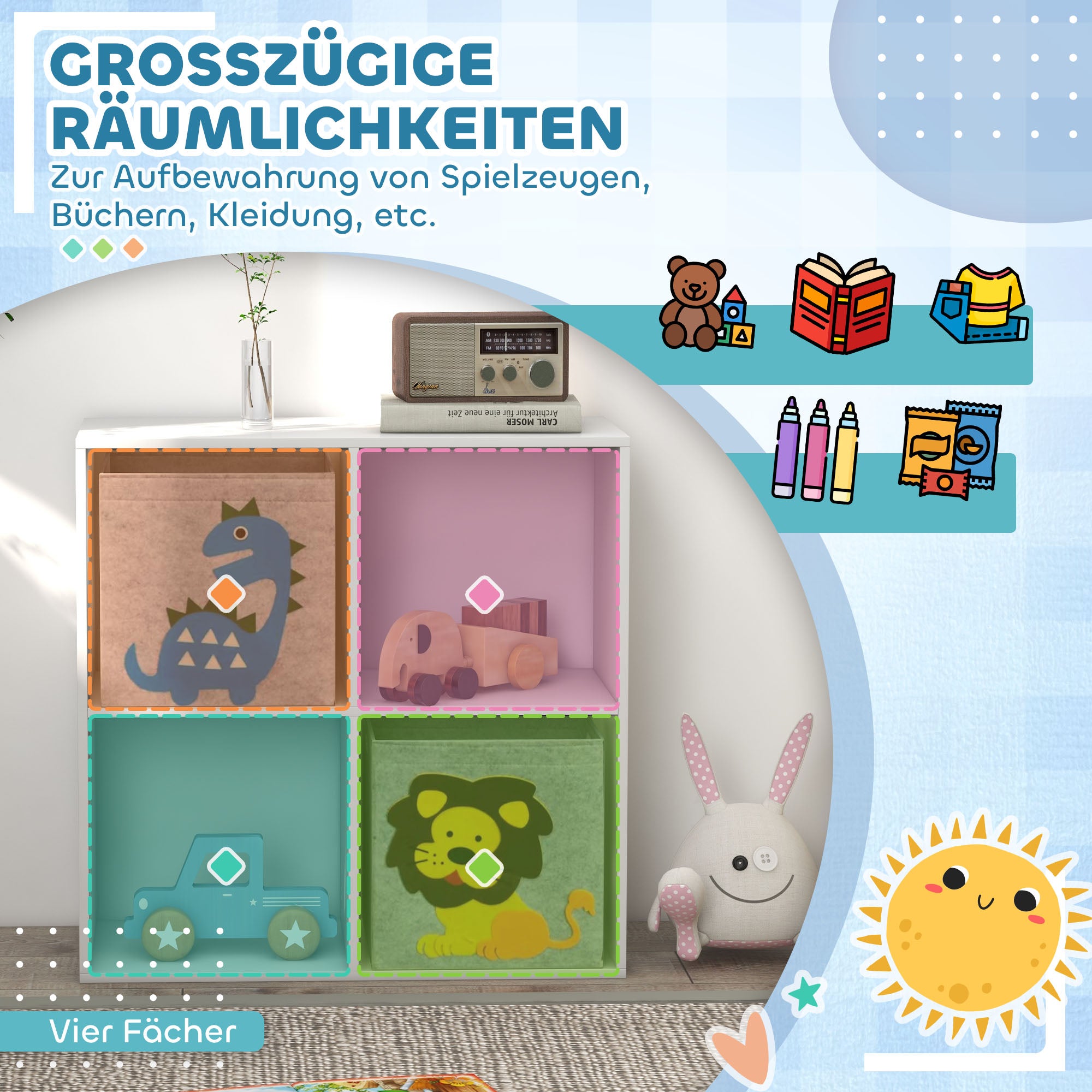 ZONEKIZ Aufbewahrungsregal für Kinder, Würfel, Schubladen, MDF, Kippschutz, Weiß