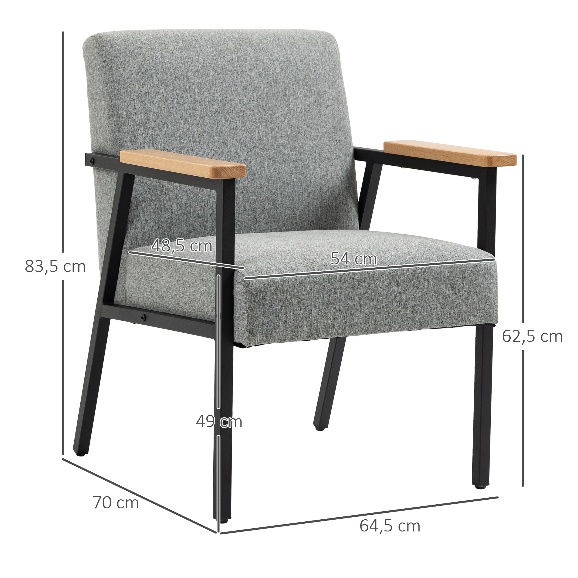 HOMCOM Akzentsessel im Skandidesign, Ruhesessel ,Akzentstuhl, Leinenoptik, Kautschukholz, Grau + Schwarz + Braun