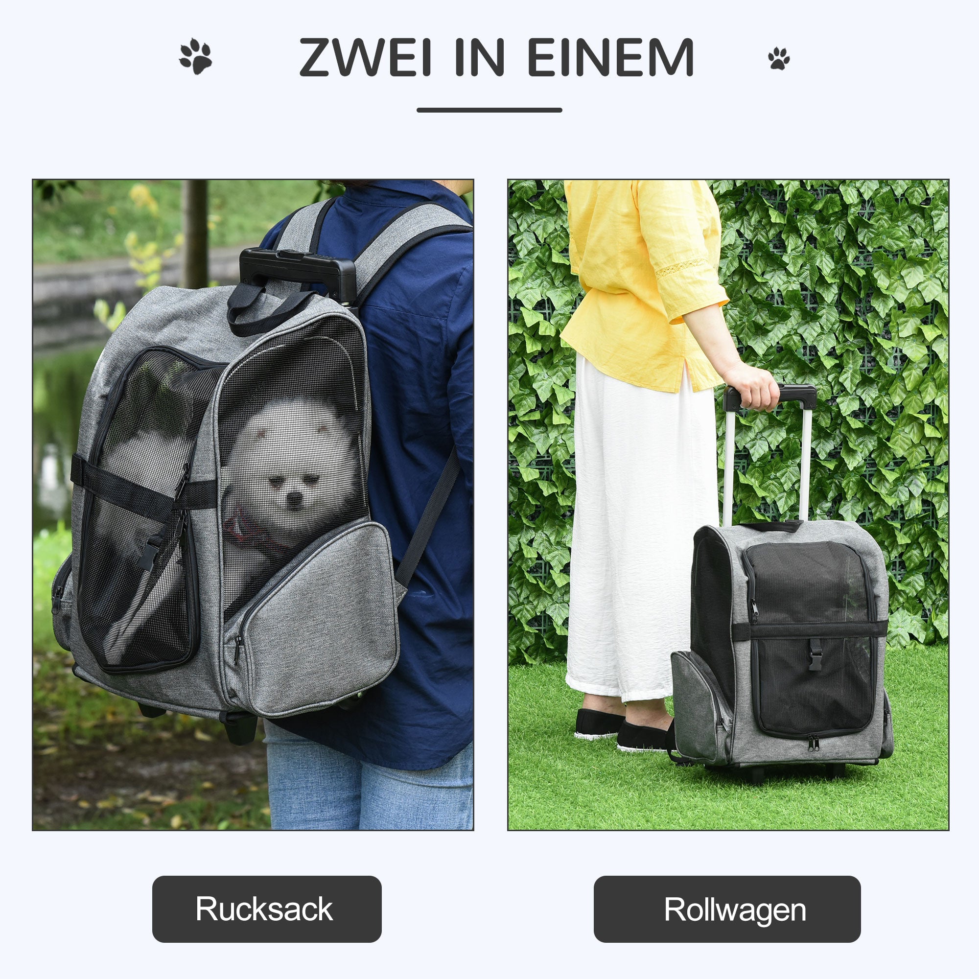 Pawhut Hundetransporttasche, Haustierrucksack, 2-in-1-Design, ausziehbarer Griff, Seitentaschen, Grau, 42 x 25 x 55cm
