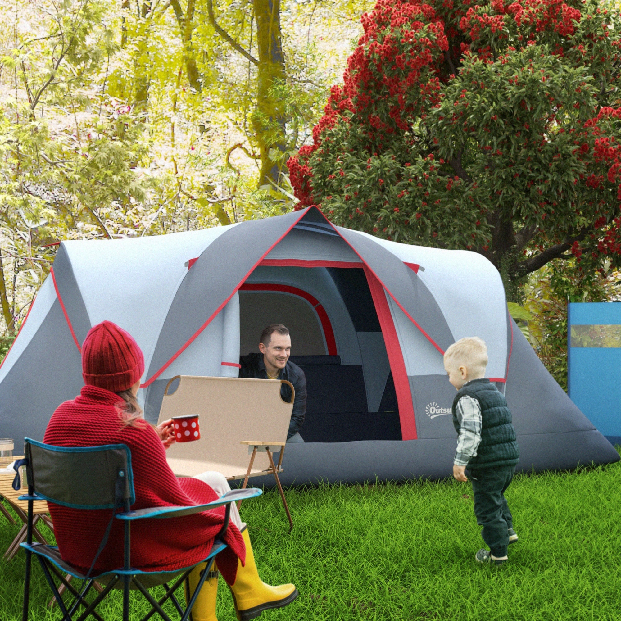 Outsunny Campingzelt für 5-6 Personen stabil wasserdicht Familienzelt mit Eingang Fenster Packtasche, Zelt mit 3000mm Wassersäule Tunnelzelt Kuppelzelt für Camping Reise Garten, Hellgrau