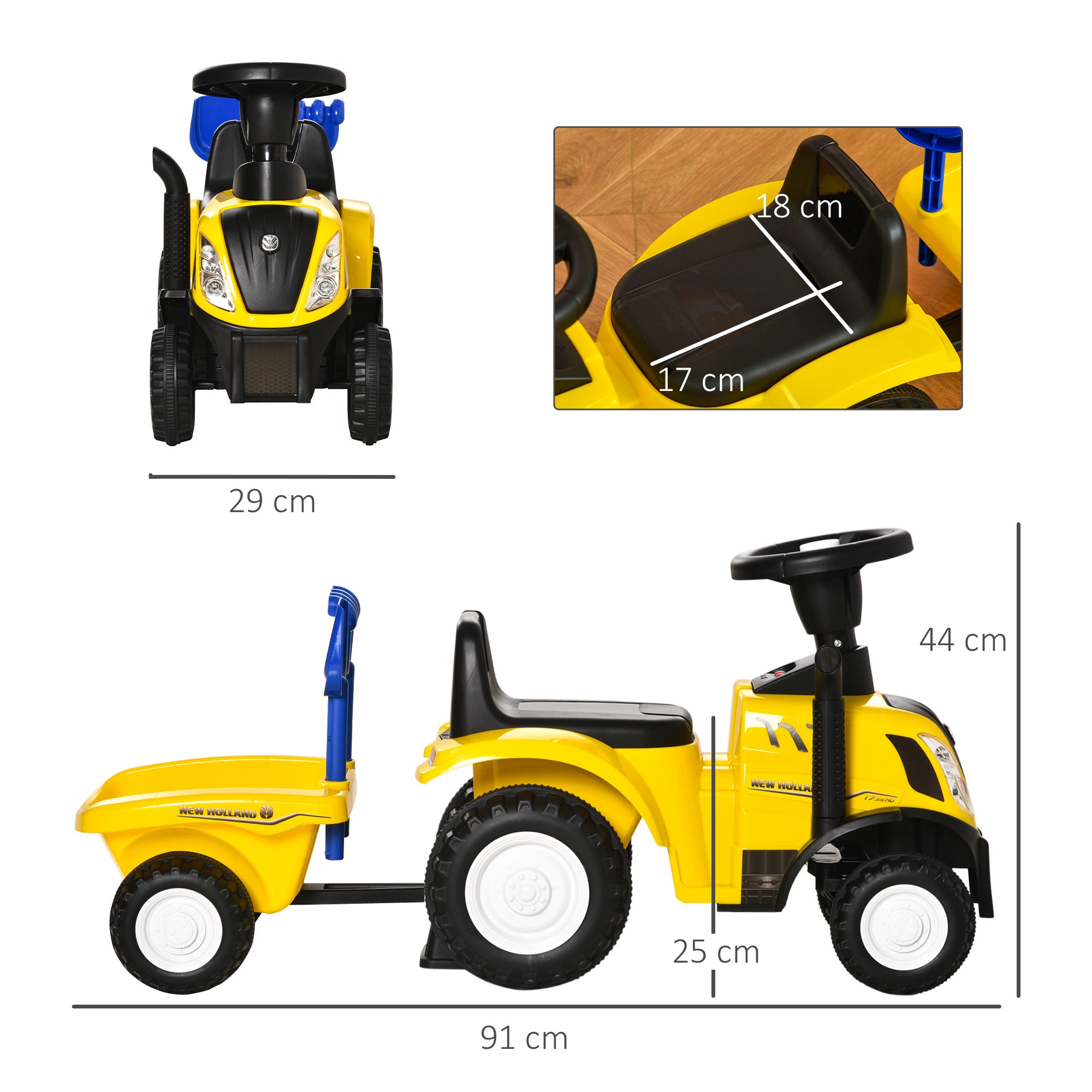 HOMCOM Rutsch-Traktor mit Anhänger, Hupe, Sandspielzeug, ab 1 Jahr, Kunststoff+Metall, gelb, 91 x 29 x 44cm