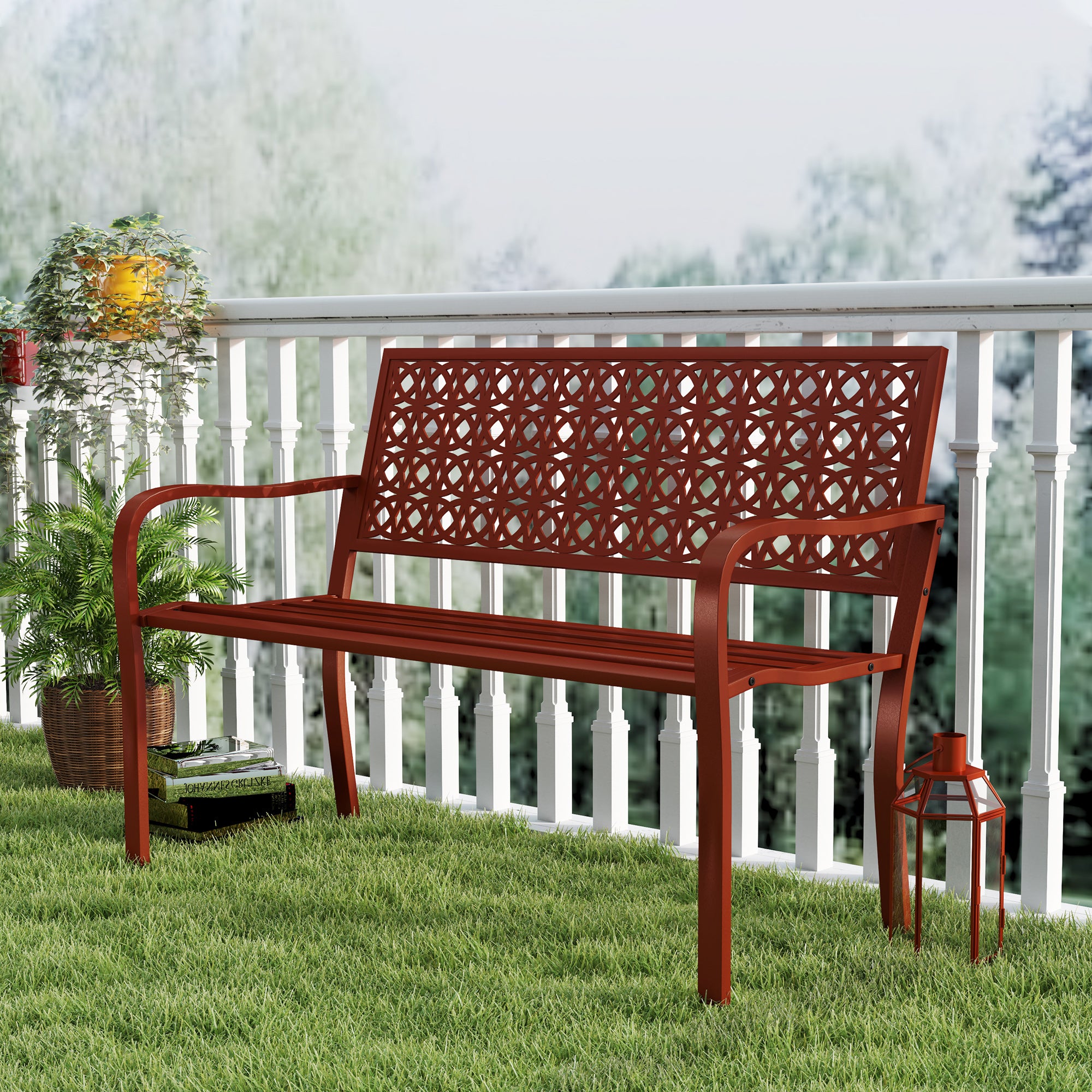 Outsunny Außenbank, Gartenbank aus Stahl, Ausgeschnittene Rückenlehne, Armlehnen, für 2 Personen, Rot