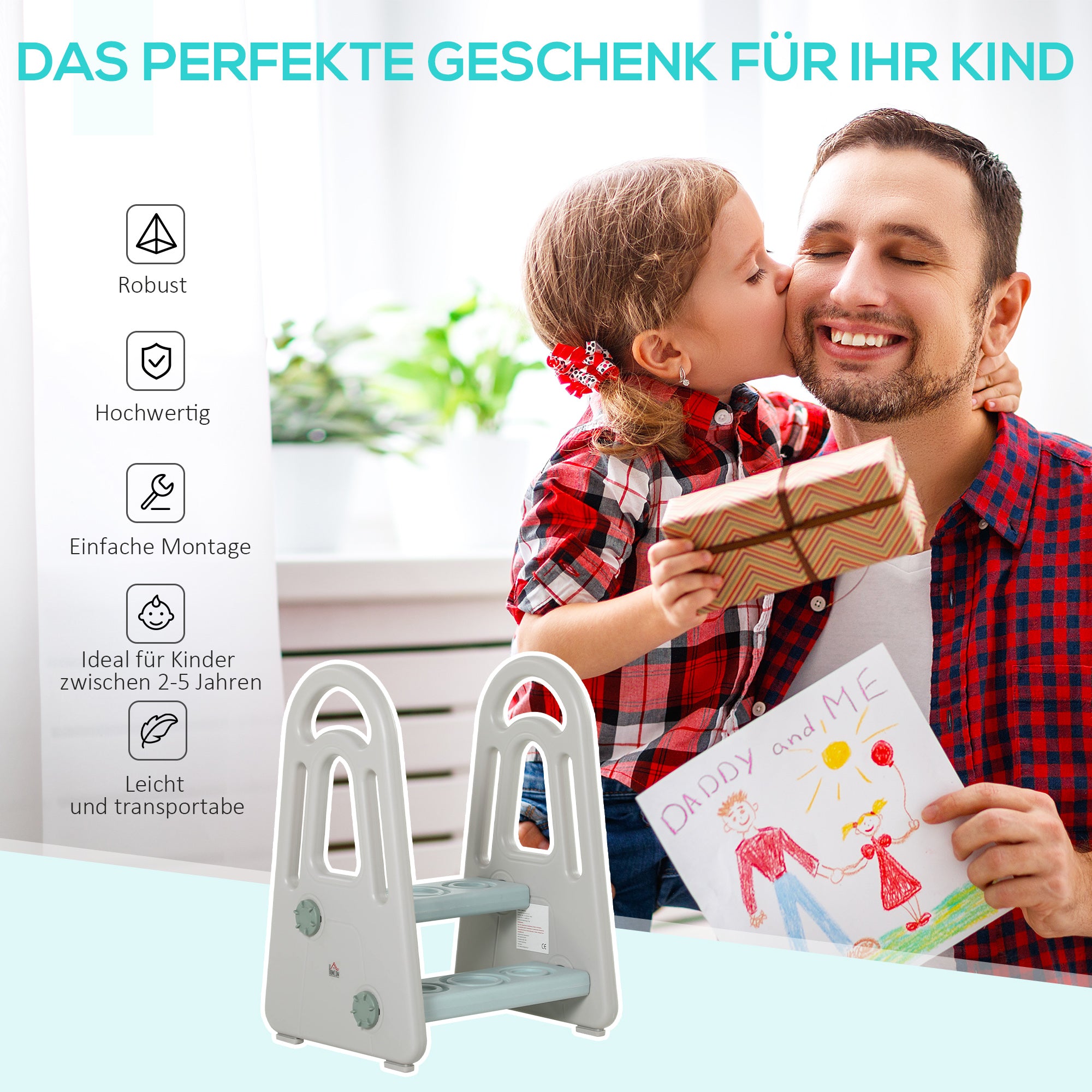 HOMCOM Lernturm Tritthocker Schemel Stehender mit 2 Stufen Pyramiden-Struktur Sicherheit Bad Schlafzimmer Küche Blau+Grau für 2-5 Jahre HDPE PP 43,5 x 38,5 x 61 cm