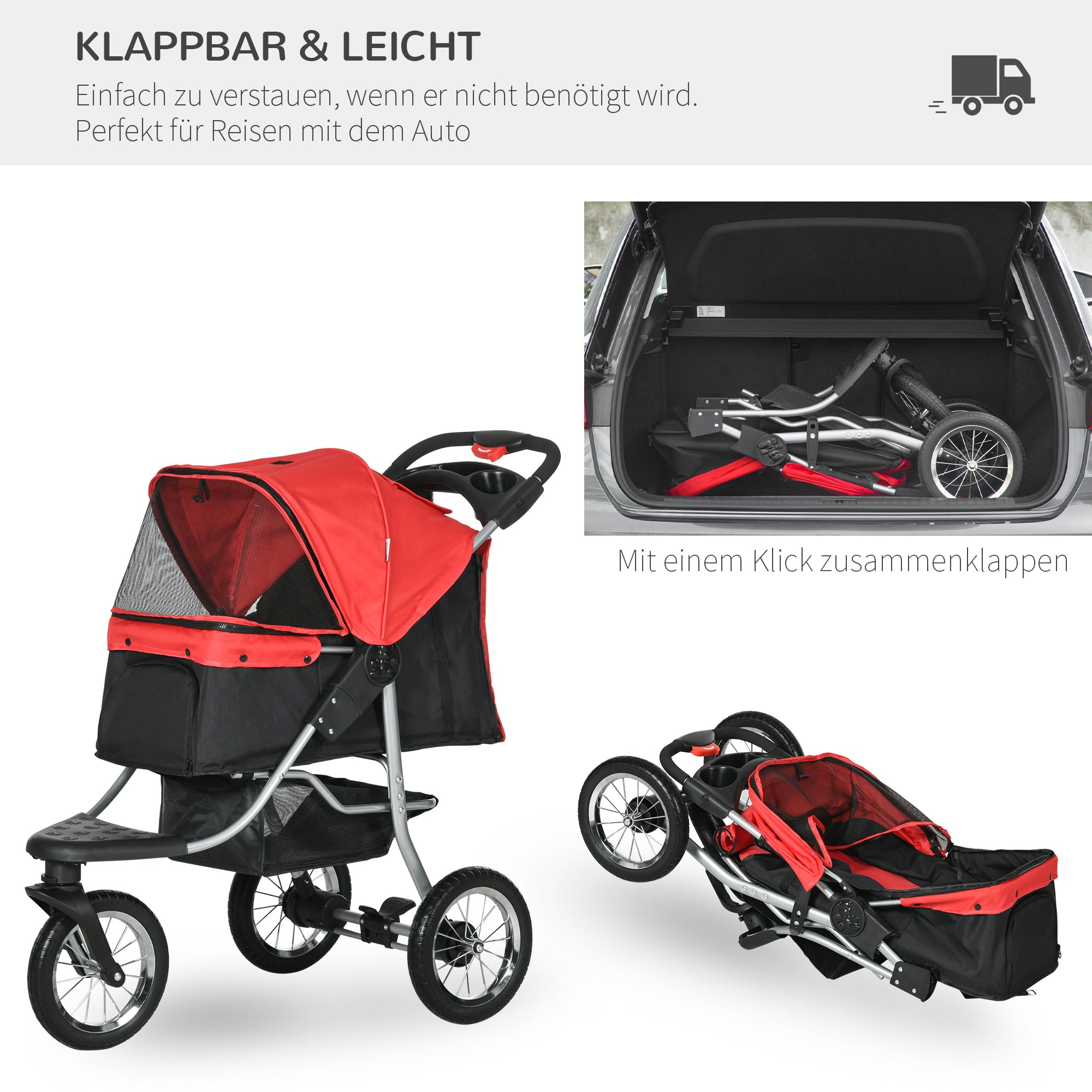 PawHut Hundewagen Hundebuggy mit 3 Rädern klappbar bis 10 kg Oxford Rot+Schwarz 109,5 x 54,5 x 106,5 cm