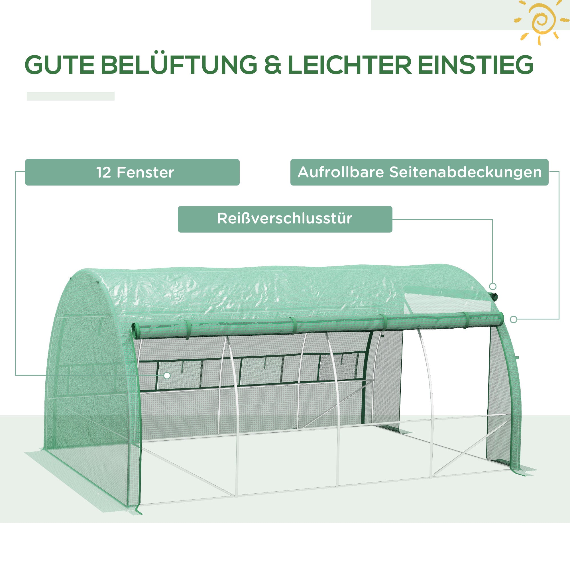 Outsunny Foliengewächshaus, Treibhaus, begehbar, Netzfenster, Metallrahmen, 4x3x2m, Grün