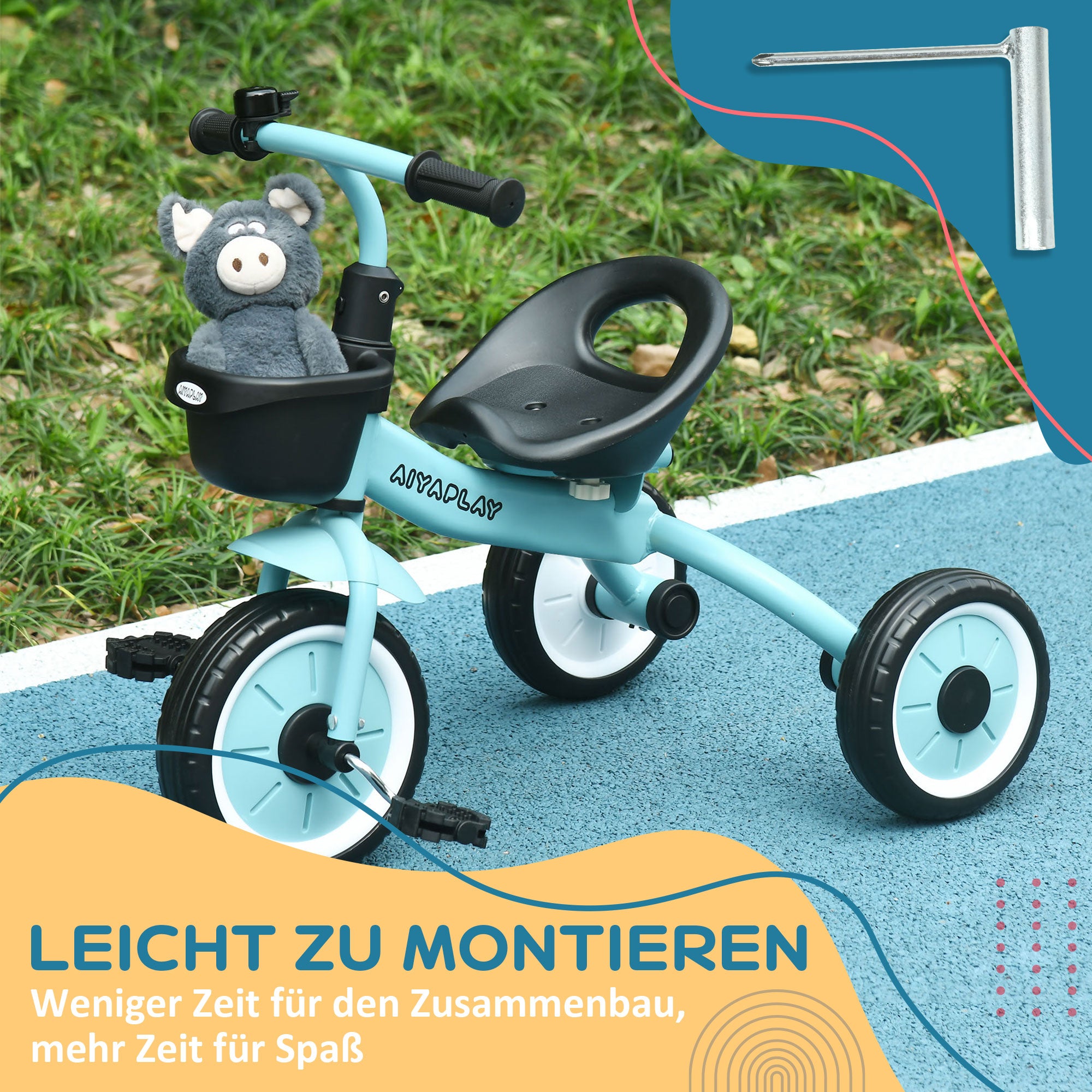 AIYAPLAY Dreirad für Kinder 2-5 Jahre, höhenverstellbarer Sitz, Klingel, Fahrradkorb, Metallrahmen, blau