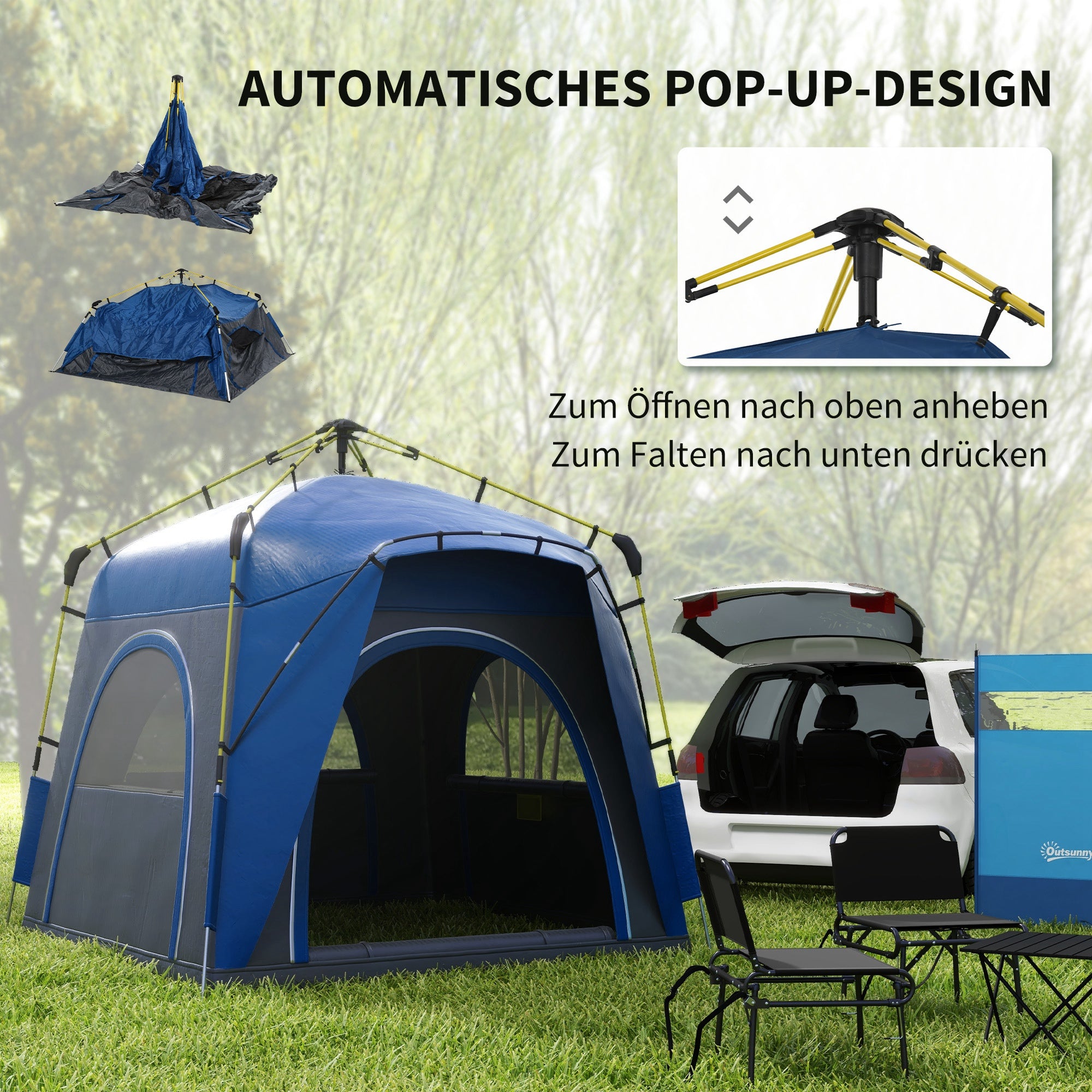 Outsunny Pop Up Kuppelzelt für 4 Personen leicht, stabil wasserdicht UV 50+ mit Haken Tür Fenster, Bodenplane