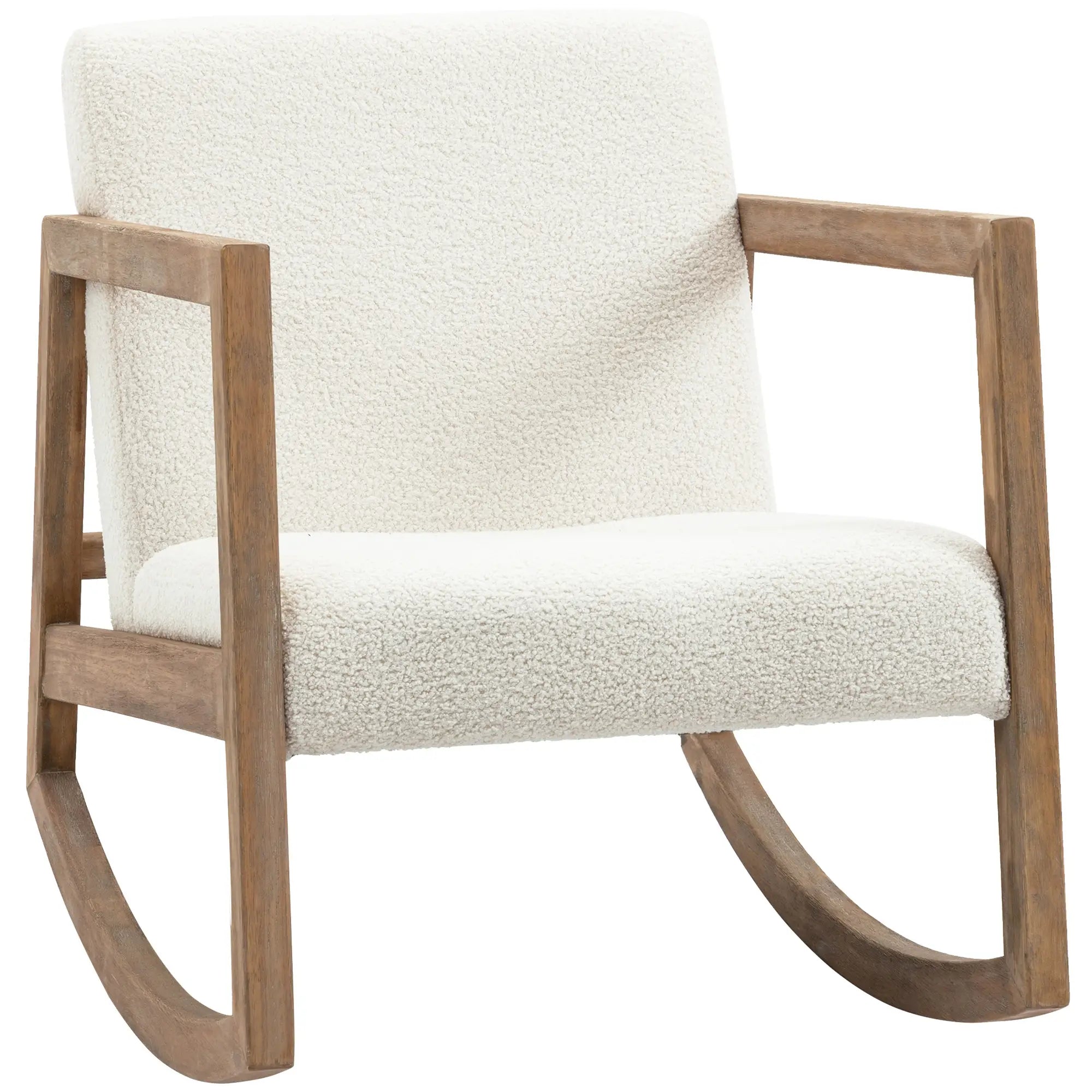 HOMCOM Schaukelstuhl mit Holzrahmen gepolstert Relax Stuhl Sessel Stuhl Wohnzimmersessel Lounge mit gepolsterter Sitzfläche Kautschukholz Cremeweiß 60 x 81 x 71 cm
