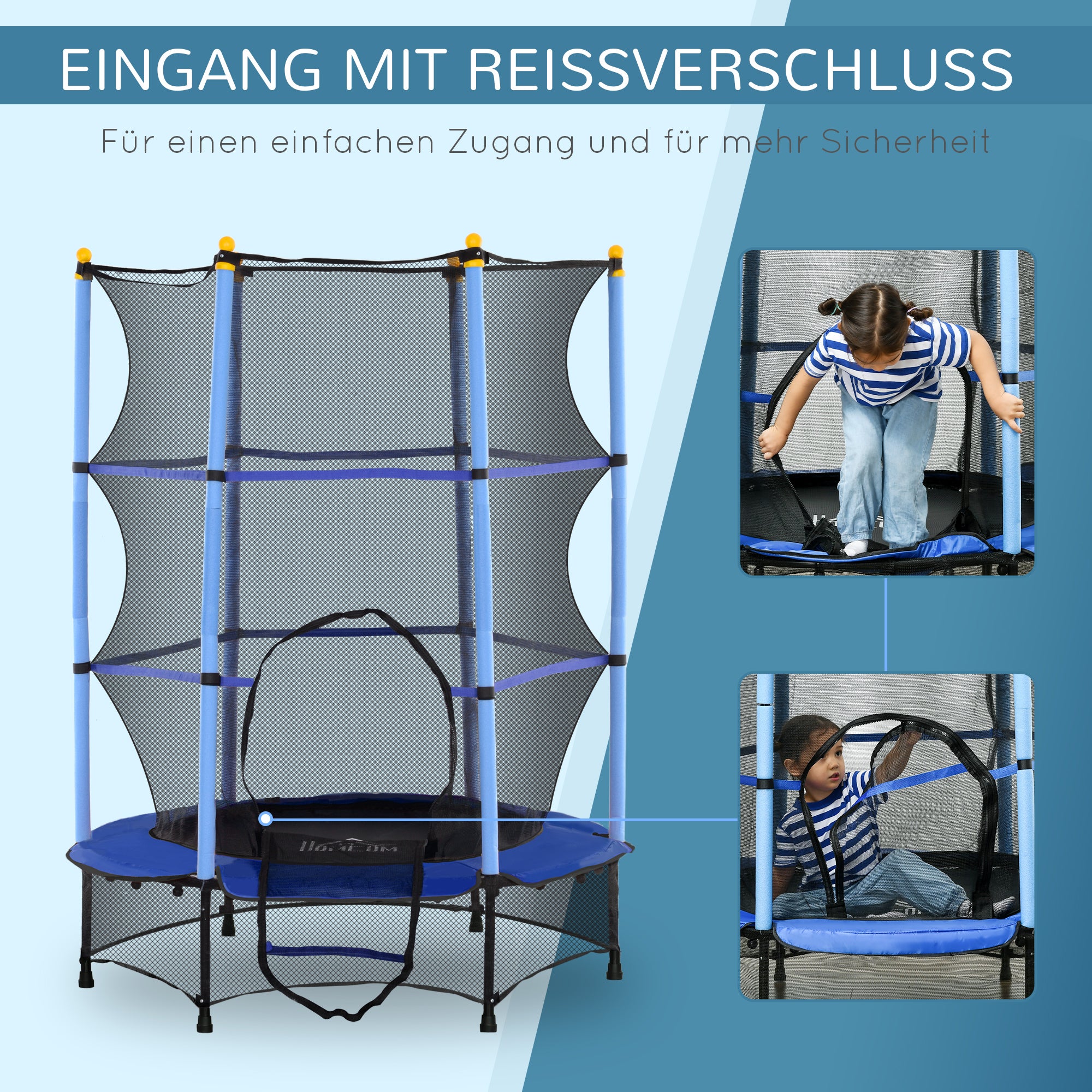 HOMCOM Trampolin für Kinder, Ø140 cm, mit Sicherheitsnetz, für innen und außen, Stahl, Kunststoff, belastbar bis 50 kg, Blau