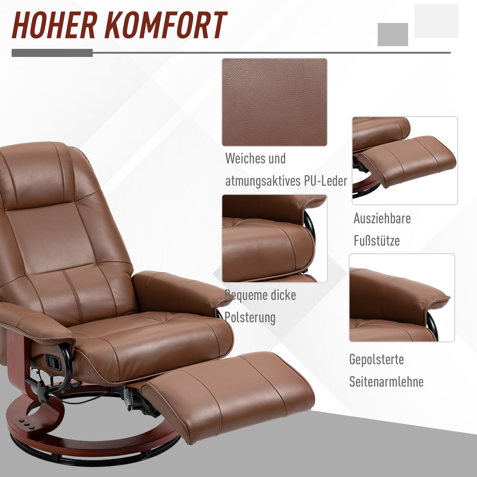 HOMCOM Relaxsessel, 145° neigbar, verstellbare Fußstütze, Kunstleder, 360° drehbar, bis 120 kg, Braun