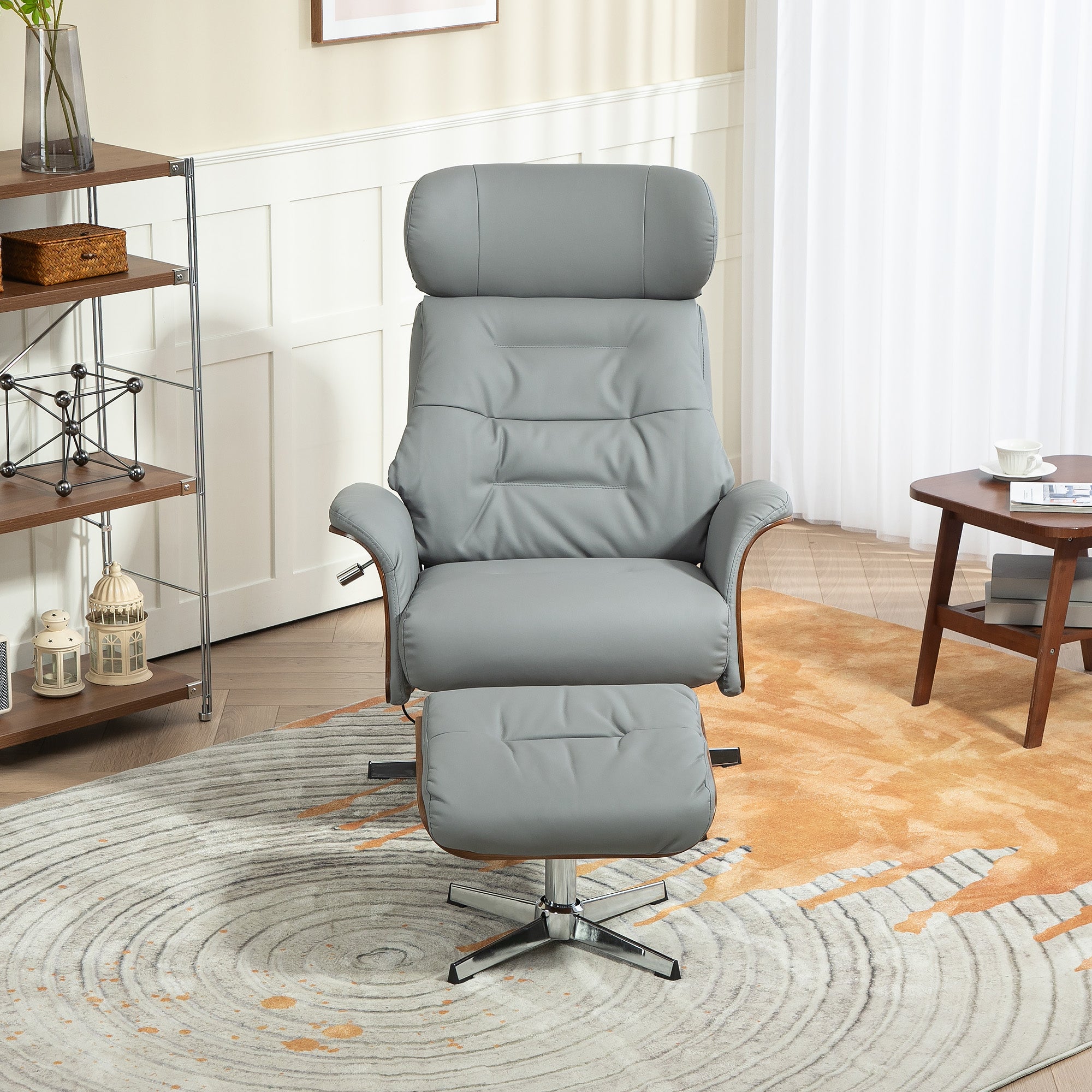 HOMCOM Relaxsessel mit Hocker, Liegefunktion, drehbar, Lederoptik, bis 150 kg, Hellgrau