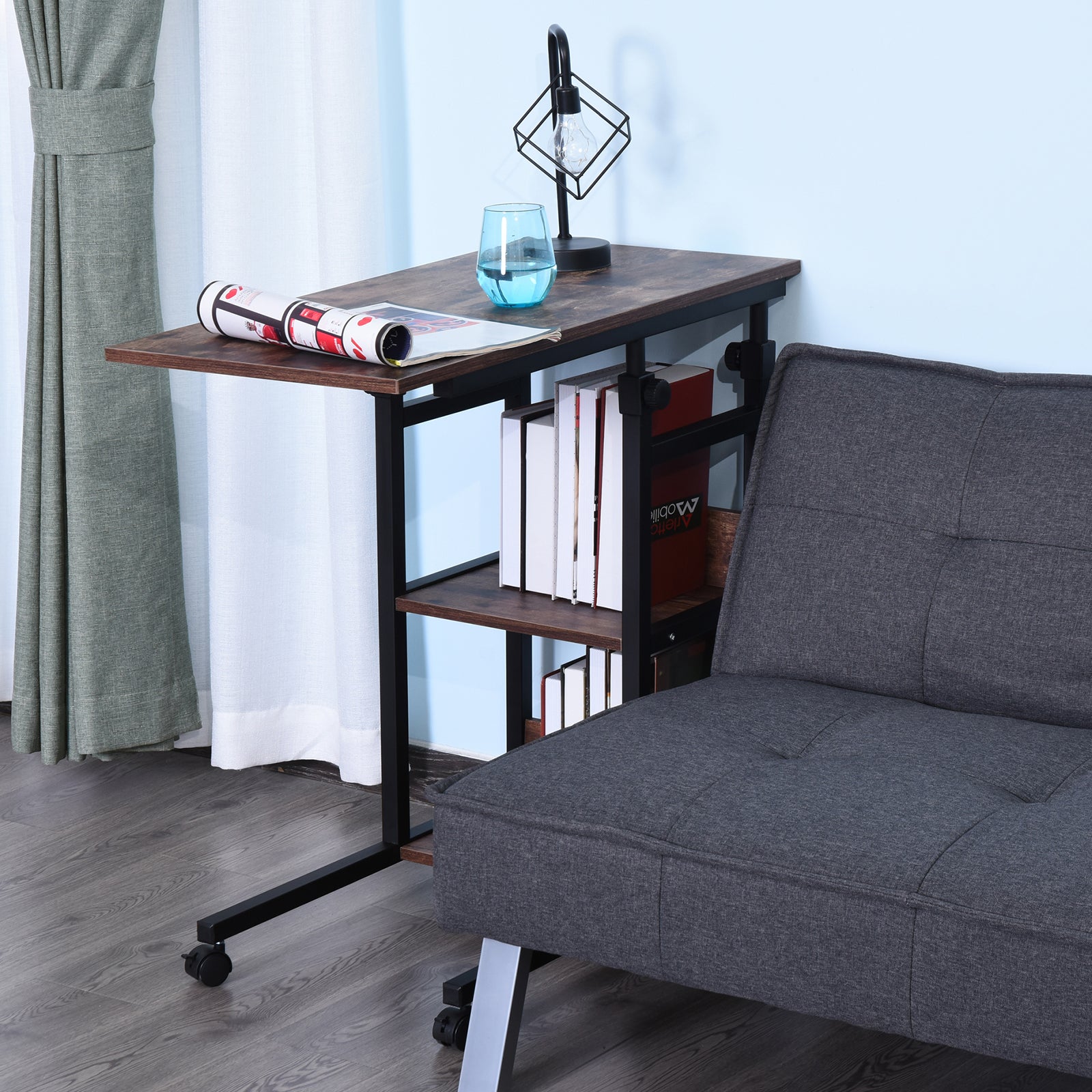 HOMCOM Beistelltisch mit Rollen, höhenverstellbar, kompakt, 2 Ablageböden, Metallrahmen, 80x40x72-82 cm, Braun/Schwarz