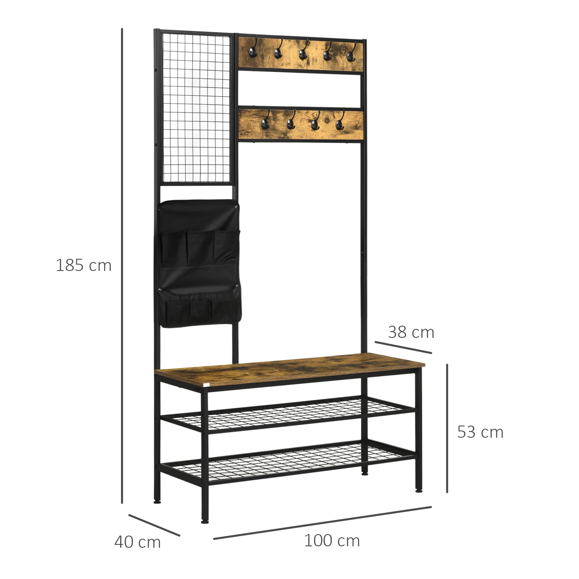 HOMCOM Garderobe im Industriedesign, 1 Memoboard, 1 Schuhbank, 8 Kleiderhaken, 1 Aufbewahrungstasche, Schwarz + Braun