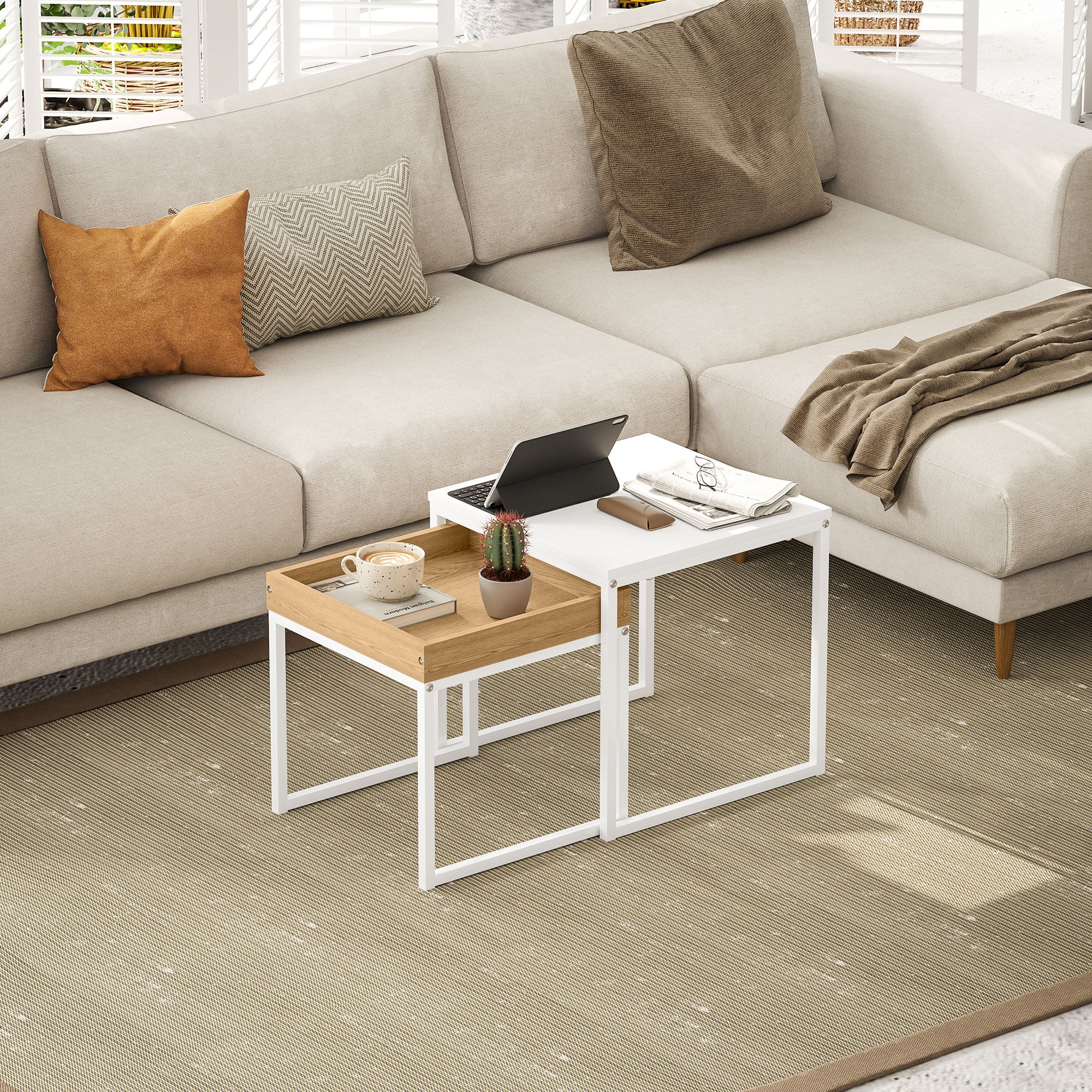 HOMCOM Moderner Couchtisch, 2er-Set Sofatisch, für kleine Räume, Quadratisch, MDF, Metall, Weiß
