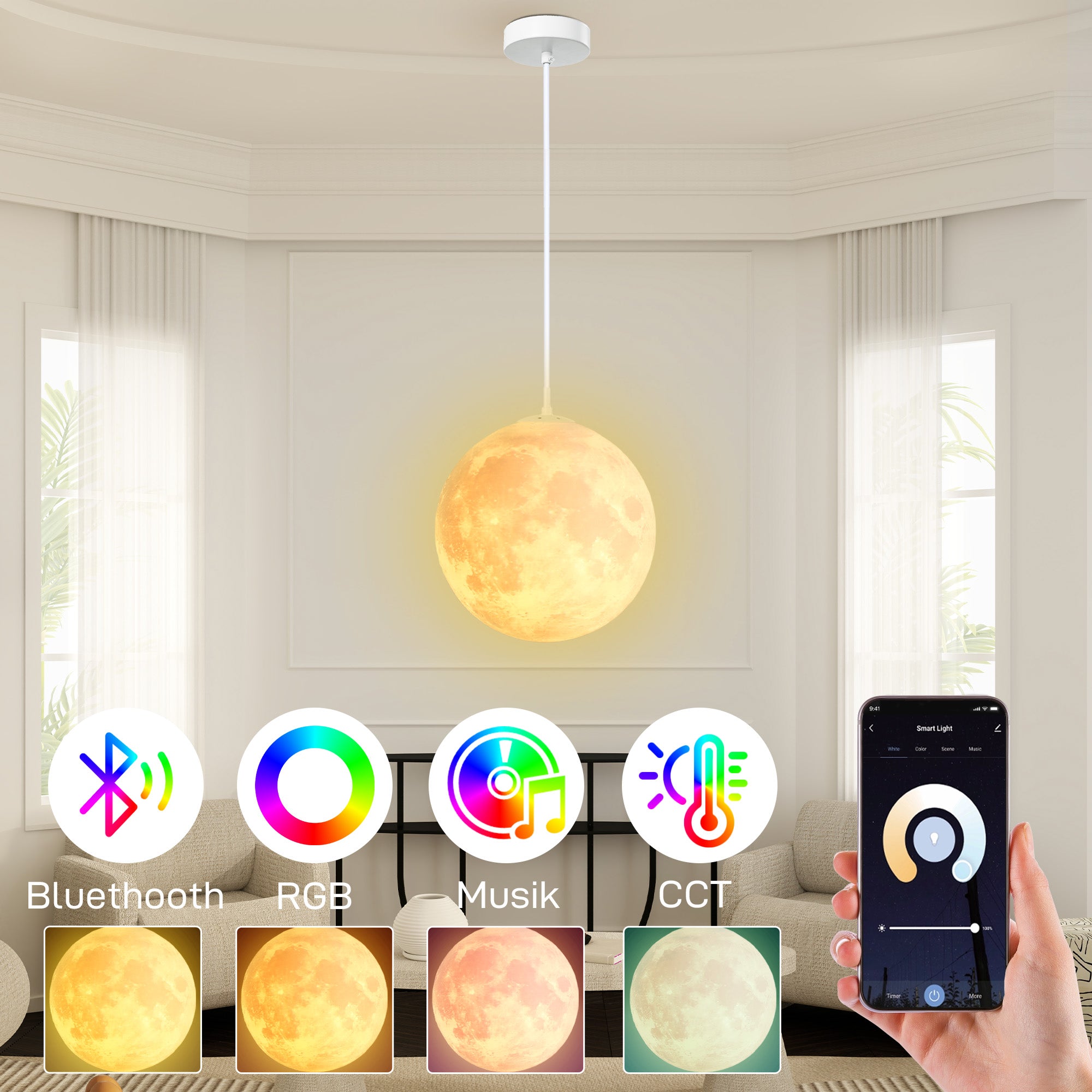 HOMCOM Mondlampe, 3D-Druck, App-Steuerung, Musik-kompatibel, verschiedene Licht-Modi, Weiß