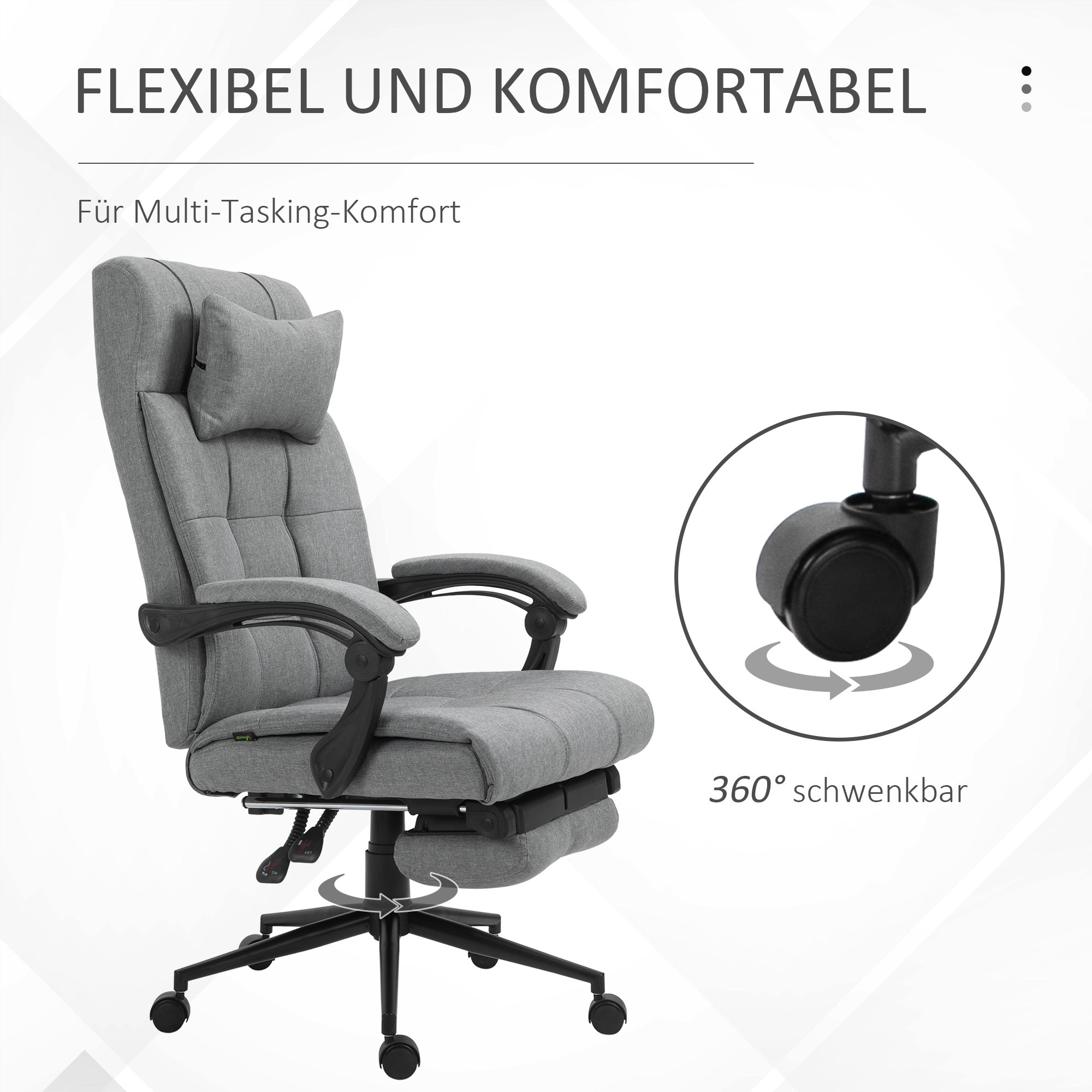 Vinsetto Bürostuhl mit Kopfkissen Armlehne Schreibtischstuhl mit Neigungswinkel Höhenverstellbarer Drehstuhl mit Fußstütze Leinen Schaumstoff PVC Hellgrau 66 x 76 x 112-120 cm