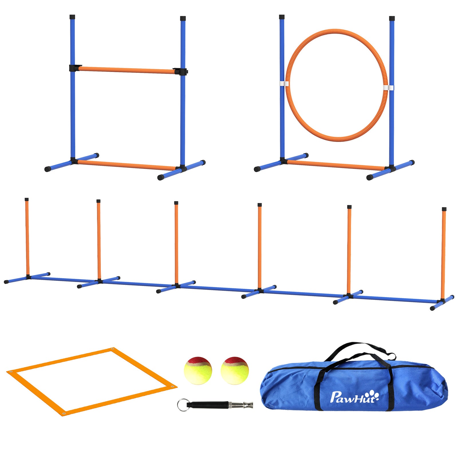 PawHut Hunde-Agiliy-Set Hundeparcours, 1 Reifen, 1 Hürde, 1 Slalom-Set, 352 cm x 66 cm x 69 cm, Blau + Rot