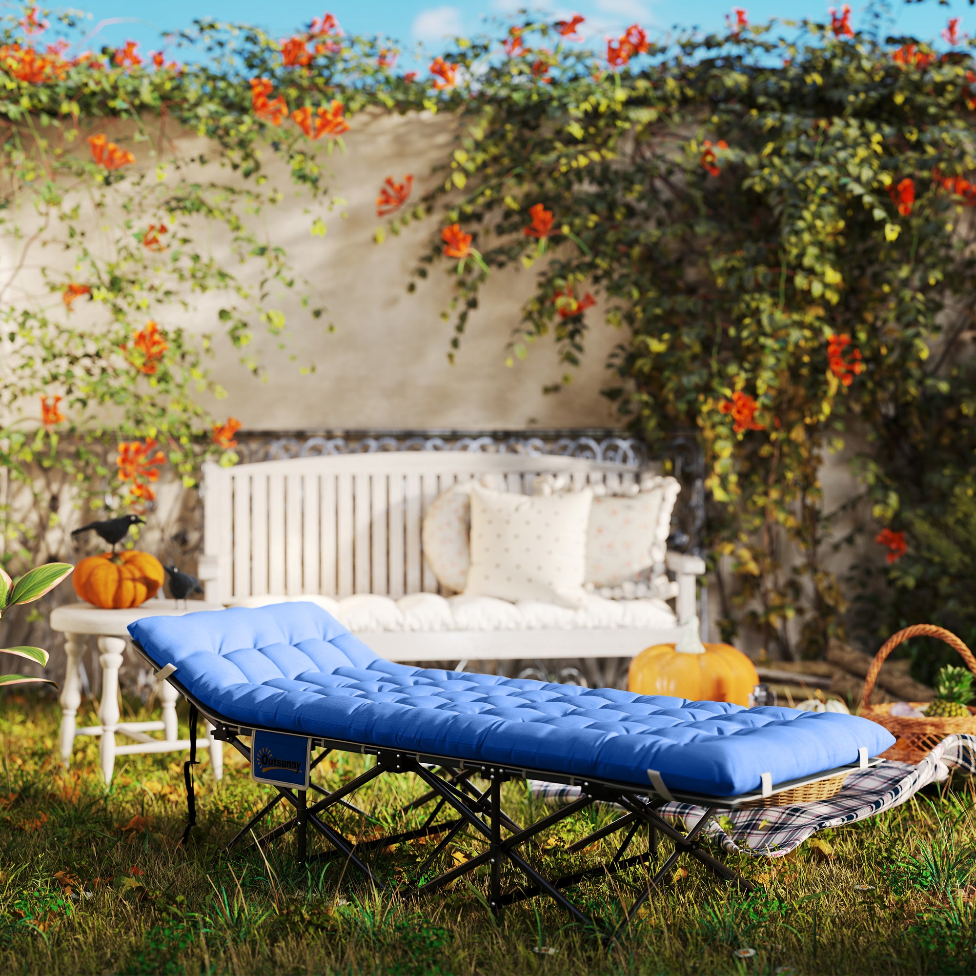 Outsunny Feldbett faltbar Campingbett mit Matratze Kopfkissen Seitentasche 190 x 65 x 37 cm bis 150 kg Dunkelblau