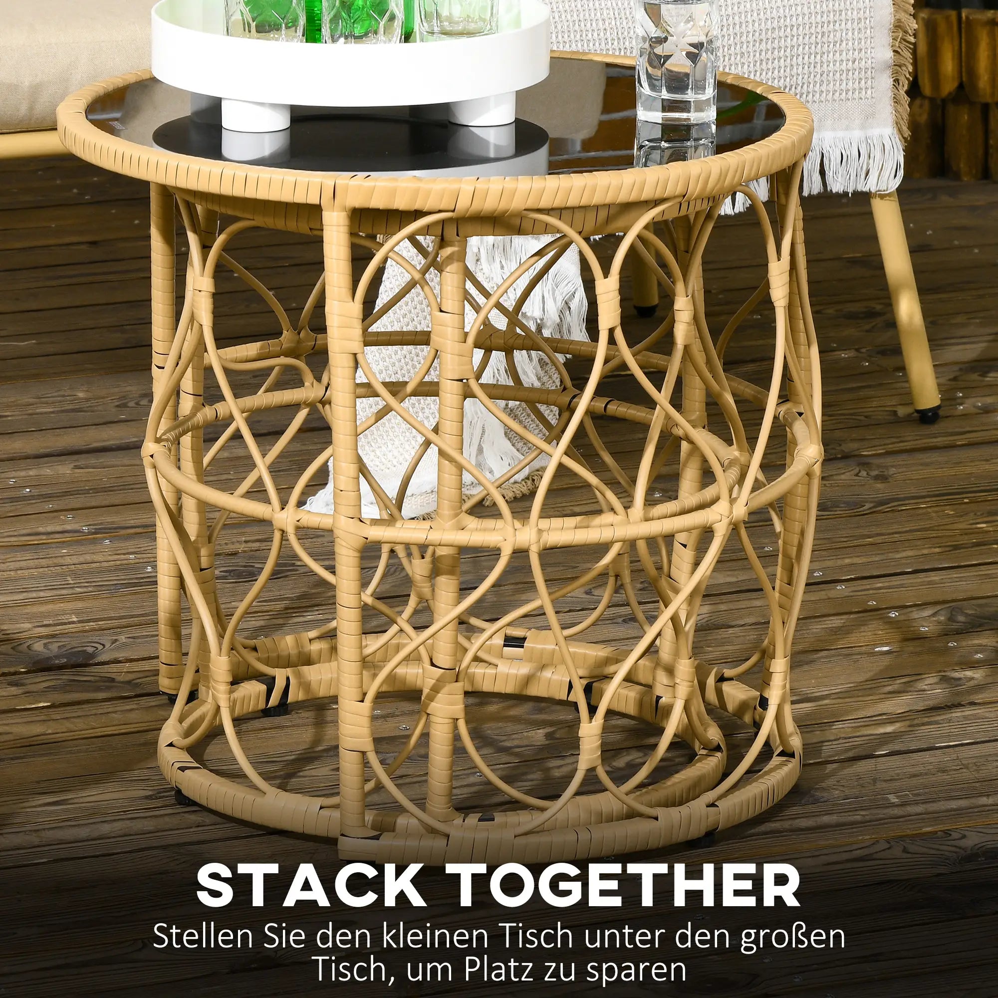 Outsunny Gartentisch 2er-Set stapelbar Indoor Outdoor Rattan Glas