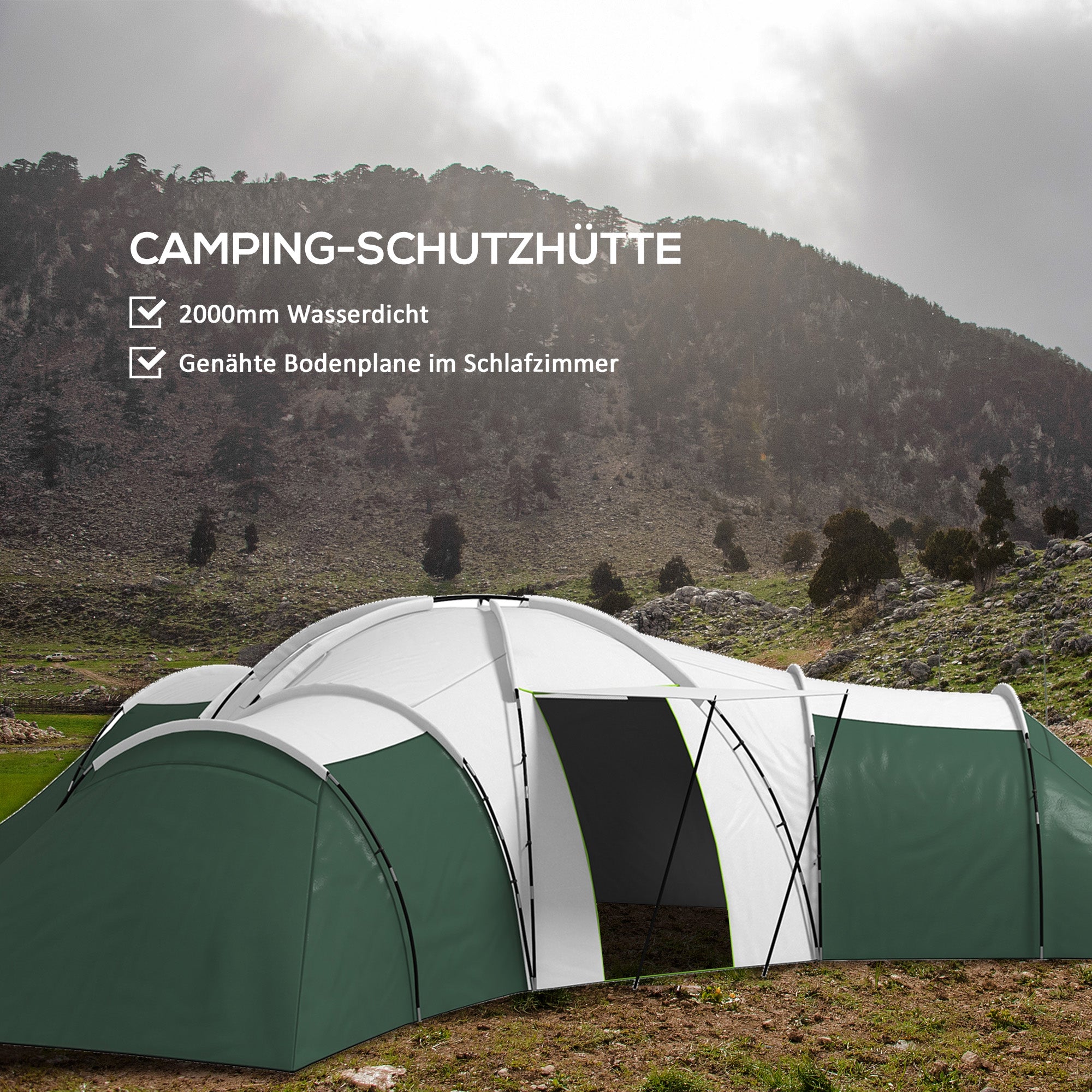Outsunny Campingzelt für 6-9 Personen, 4 Räume, Vorzelt, wasserdicht, 615x 615x225cm, Grün