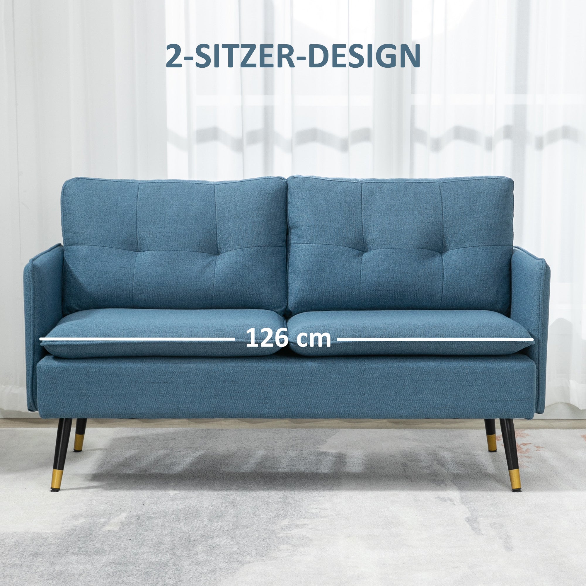 HOMCOM 2er-Sofa im Retrodesign, mit Knopfheftung, Sofa, Leinenoptik, Dunkelblau