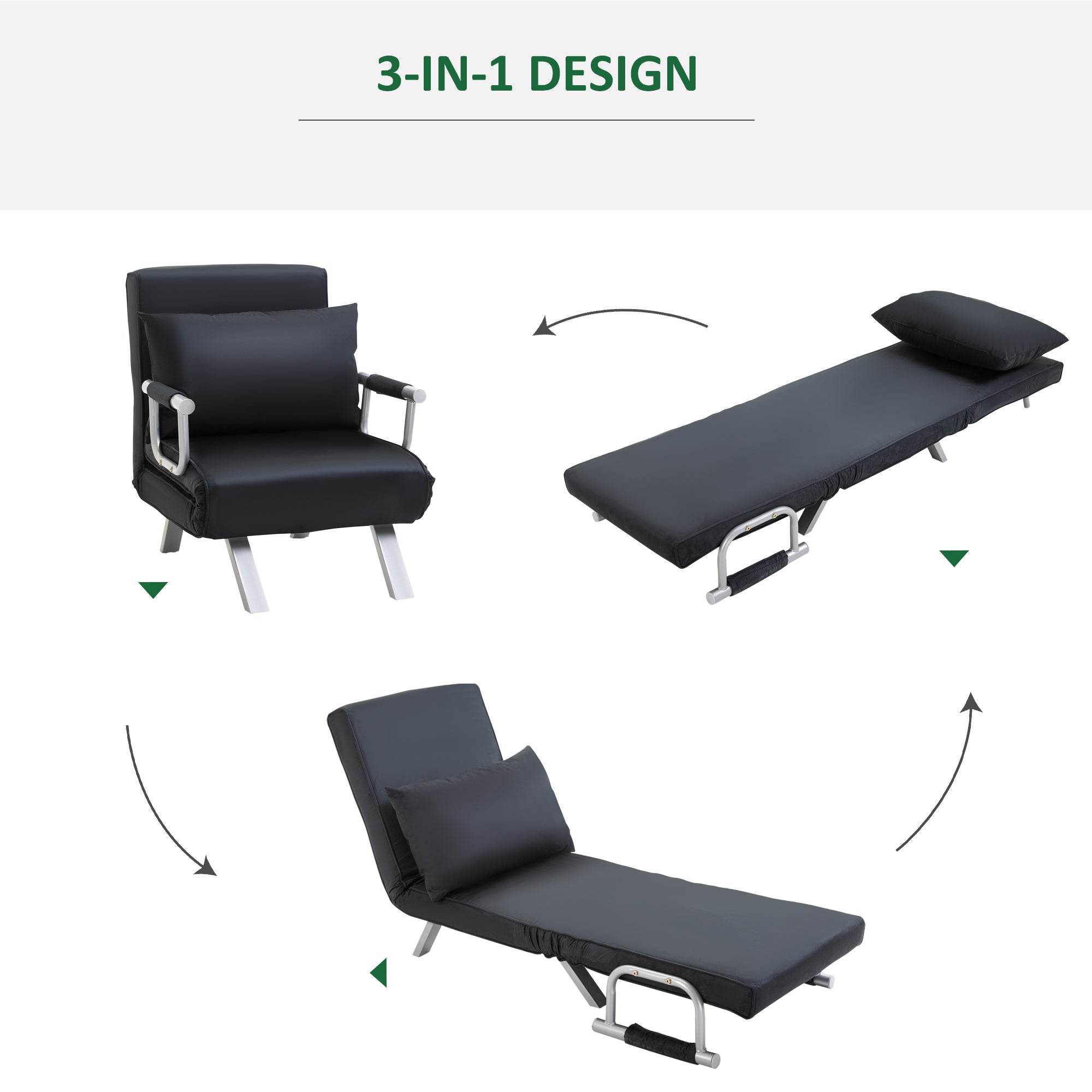 HOMCOM 3-in-1 Schlafsofa, Gästebett, Sessel inklusive Kissen, Schwarz