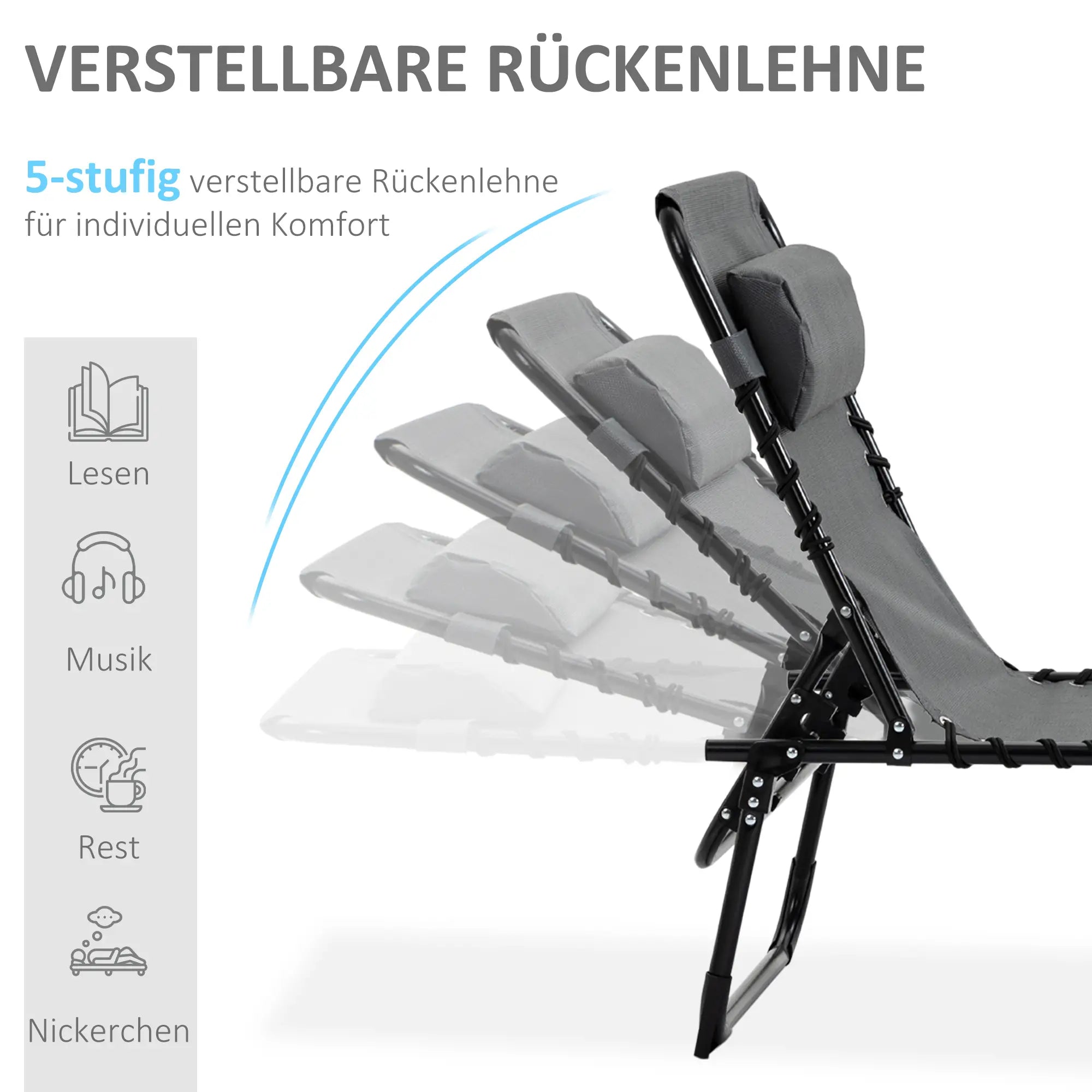 Outsuuny Sonnenliege klappbar Gartenliege mit Kopfkissen, Seitentasche, Liegestuhl mit 5-Fach verstellbare Rückenlehne, wetterfeste Campingliege bis 120 kg belastbar, für Garten Strand Pool, Grau
