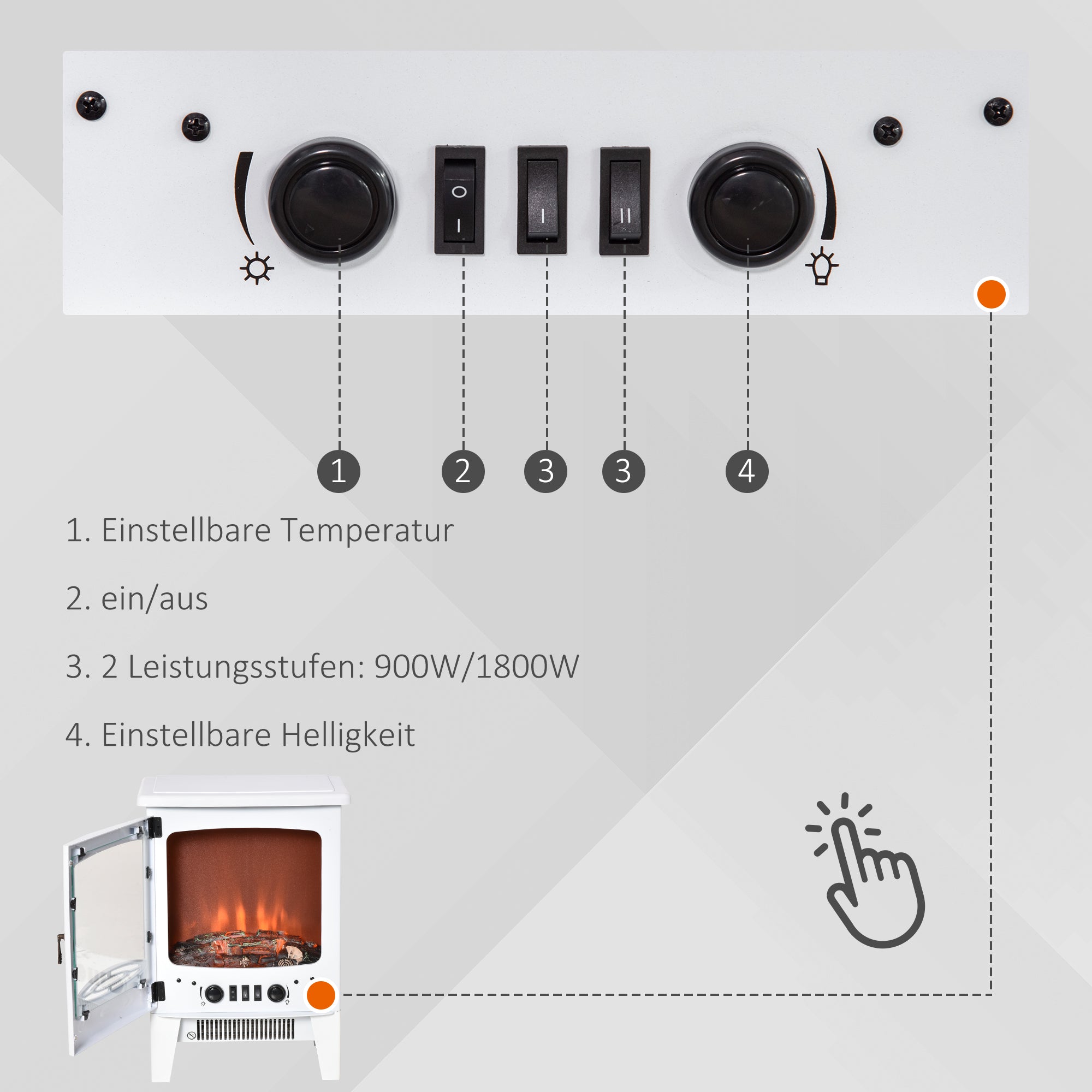 HOMCOM LED Elektrokamin Standkamin Kaminofen mit Flammeneffekt 900/1800W Metall ABS-Kunststoff Glas Weiß 39 x 26 x 54,8 cm