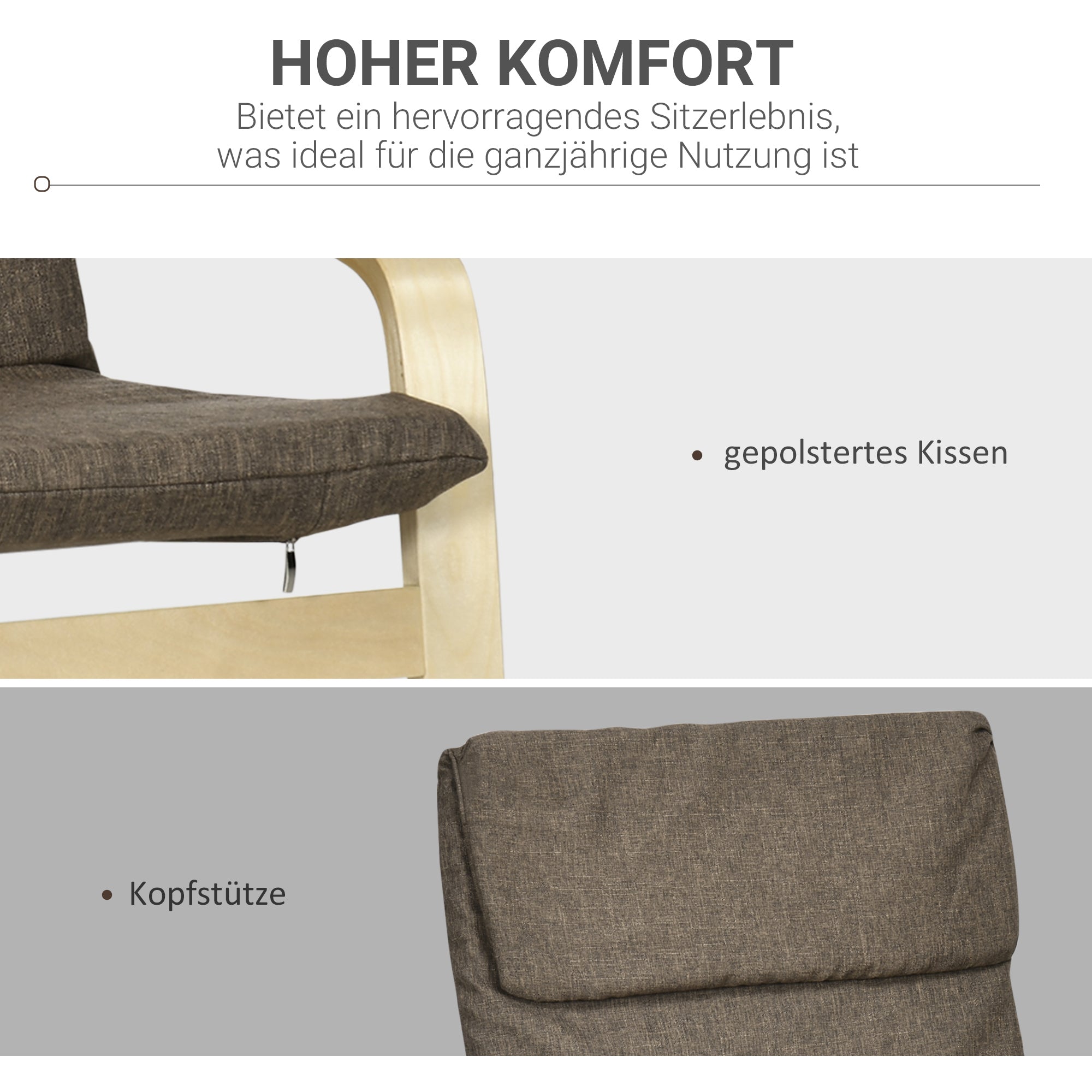 HOMCOM Sessel mit Kopfstütze und Armlehnen, Bezug in Leinenoptik, Holzgestell, Braun + Natur