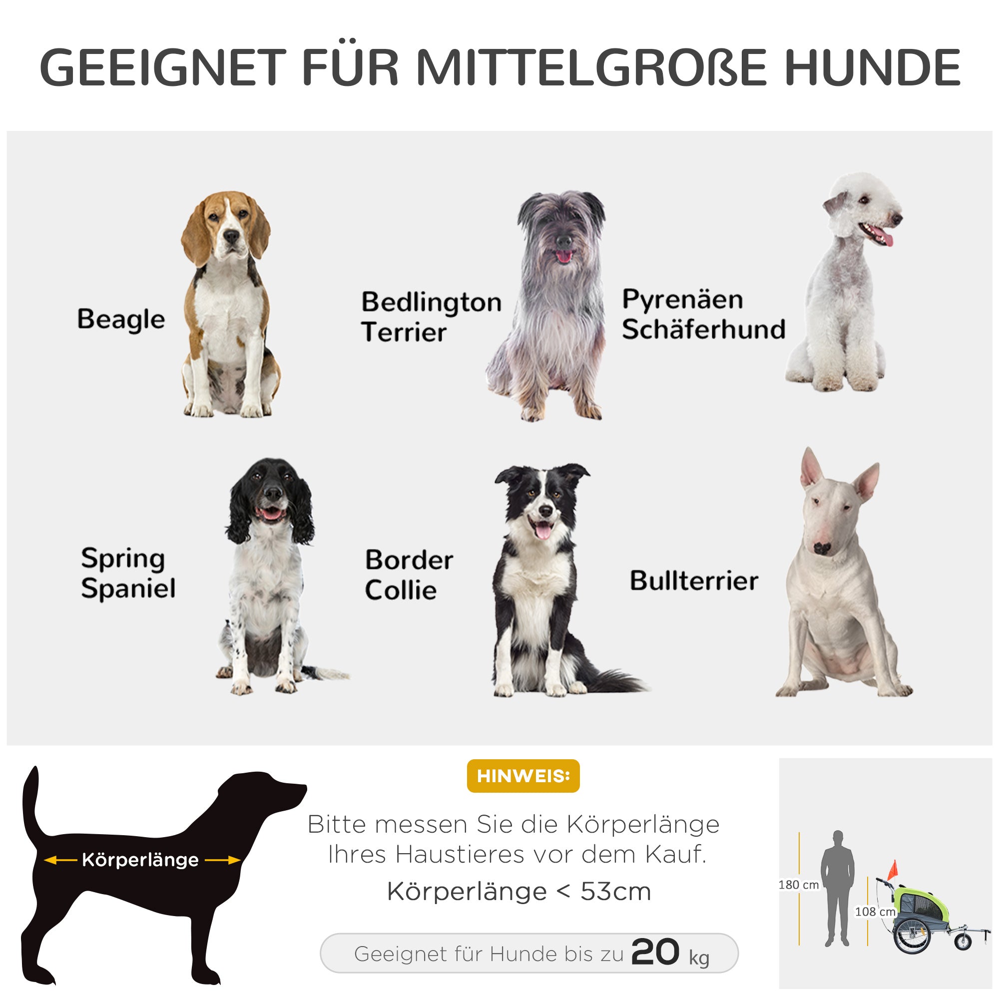 PawHut Haustieranhänger, Hundeanhänger bis 20 kg klappbar Regenschutz Reflektoren grün+grau 155 x 83 x 108cm