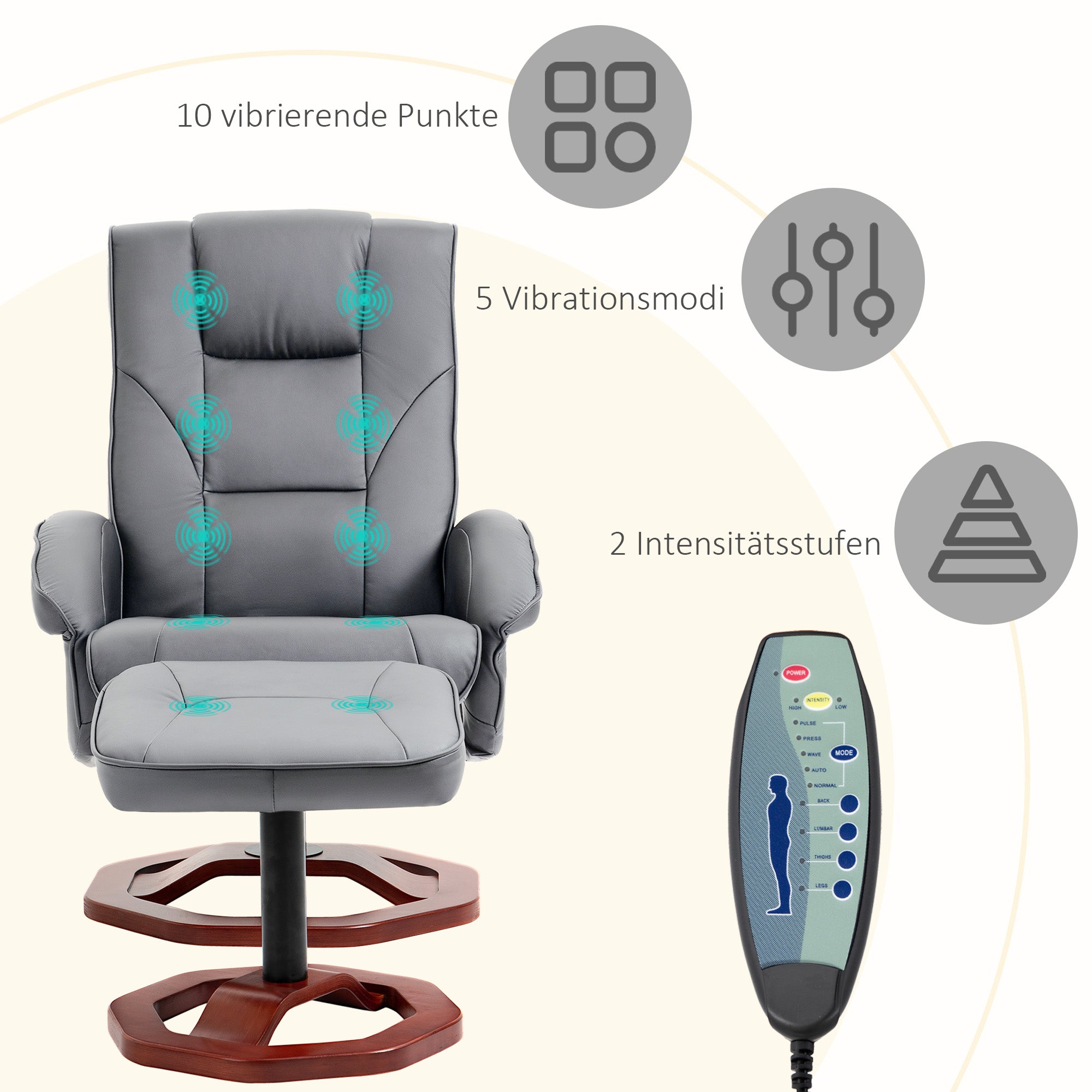 HOMCOM Massagesessel mit Hocker, Liegefunktion, Fernbedienung, drehbar, Lederoptik, bis 150 kg, Dunkelgrau