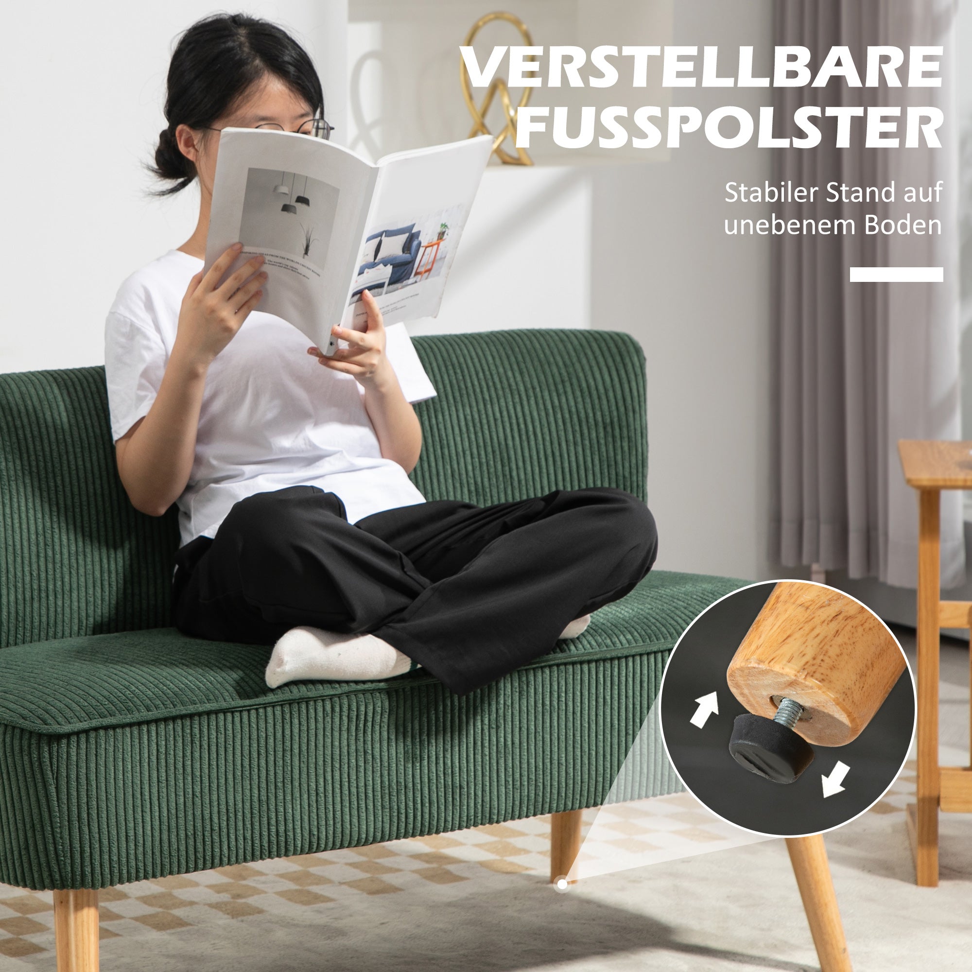 HOMCOM 2-Sitzer Polstersofa, Holz, Samtartiges Polyester, Schaumstoff, 117 x 56,5 x 77 cm, Grün