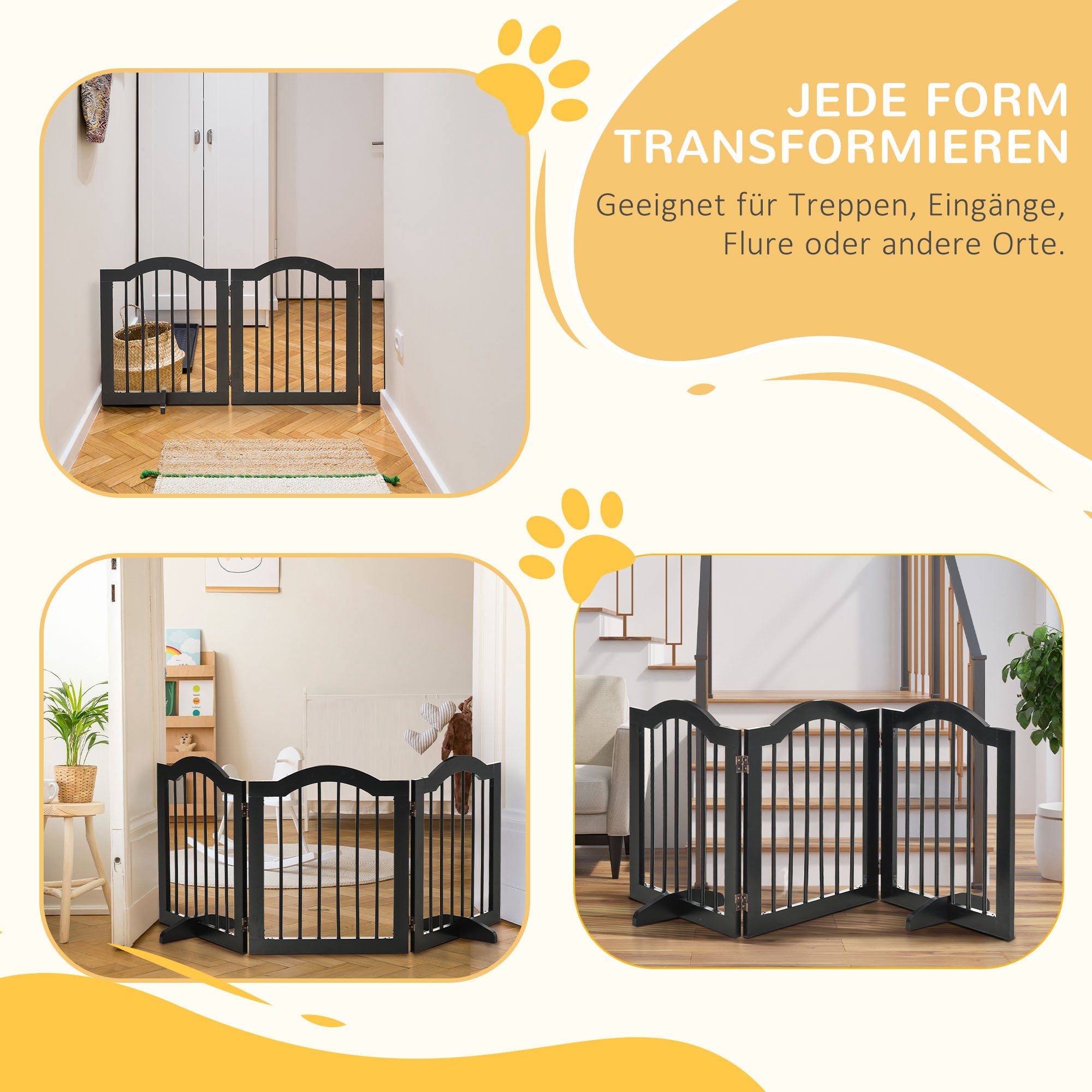 PawHut Absperrgitter Hund 3-teilig, 154,5 x 61 cm Faltbar Hundegitter mit Tür, Türschutzgitter mit 2 Stützfüßen, Freistehend Treppengitter für Küche, Flur, Schwarz
