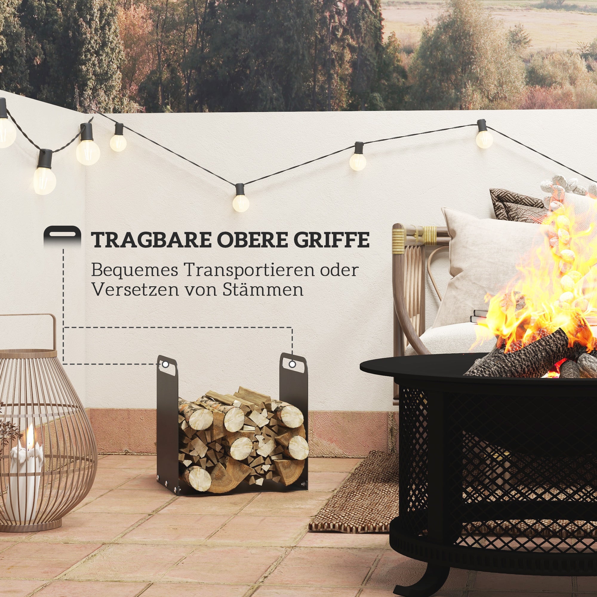 Outsunny Feuerholzgestell, 2 Tragegriffe, Stahlrahmen, bis 30kg, 36x30x36cm, Schwarz