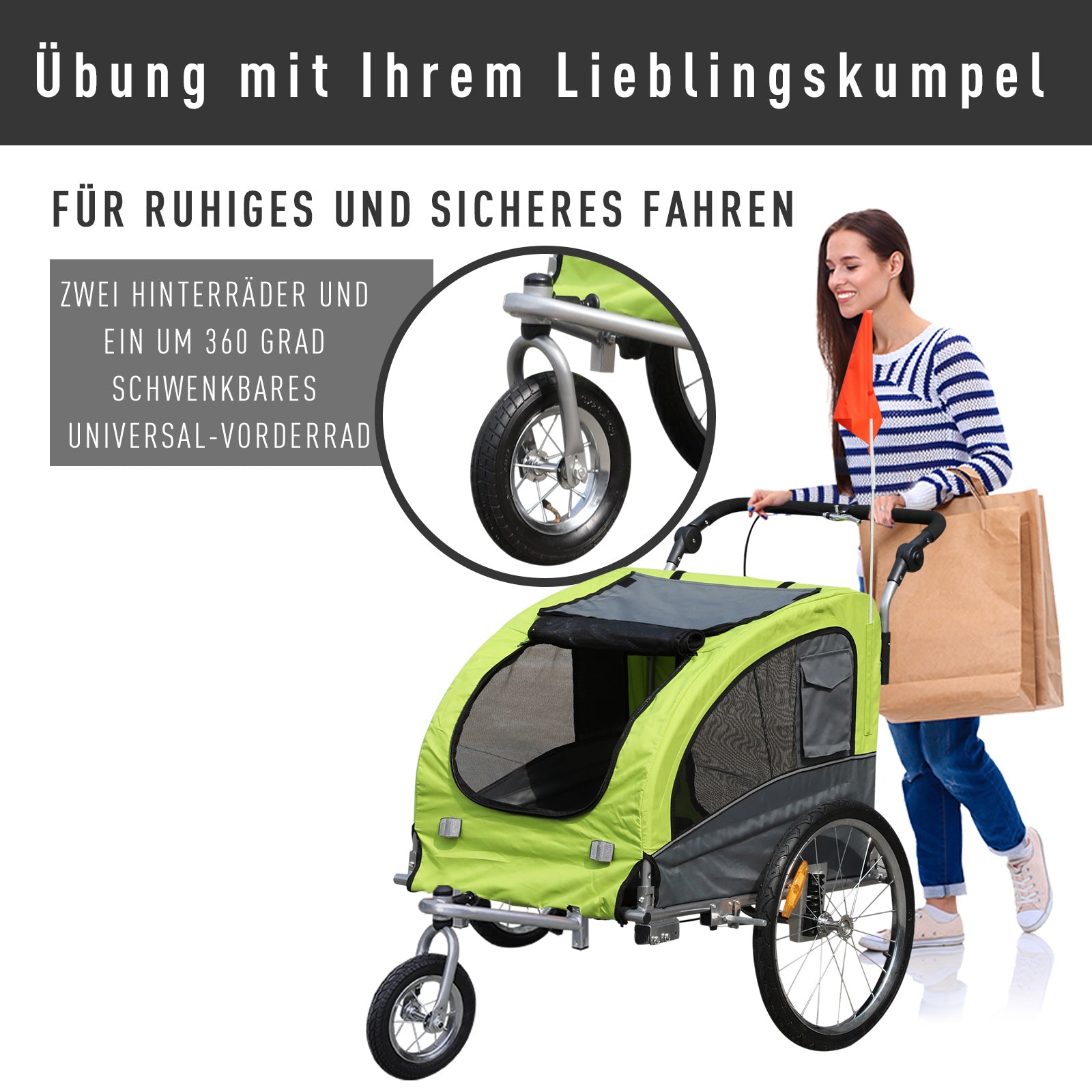PawHut Haustieranhänger, Hundeanhänger bis 20 kg klappbar Regenschutz Reflektoren grün+grau 155 x 83 x 108cm