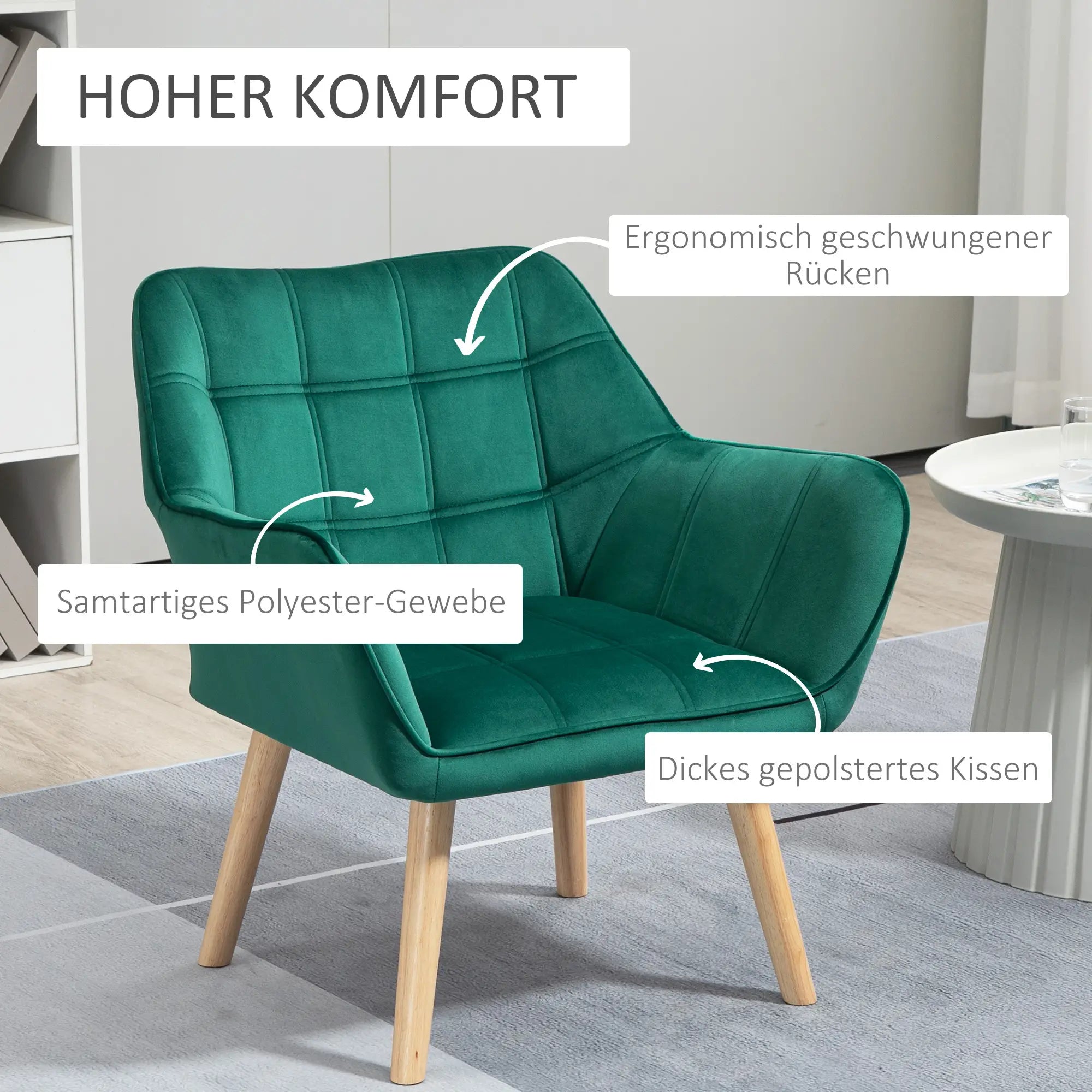 HOMCOM Polstersessel, Akzentsessel, Skandi Design, Samtoptik, bis 120 kg, Kautschukholzbeine, Grün