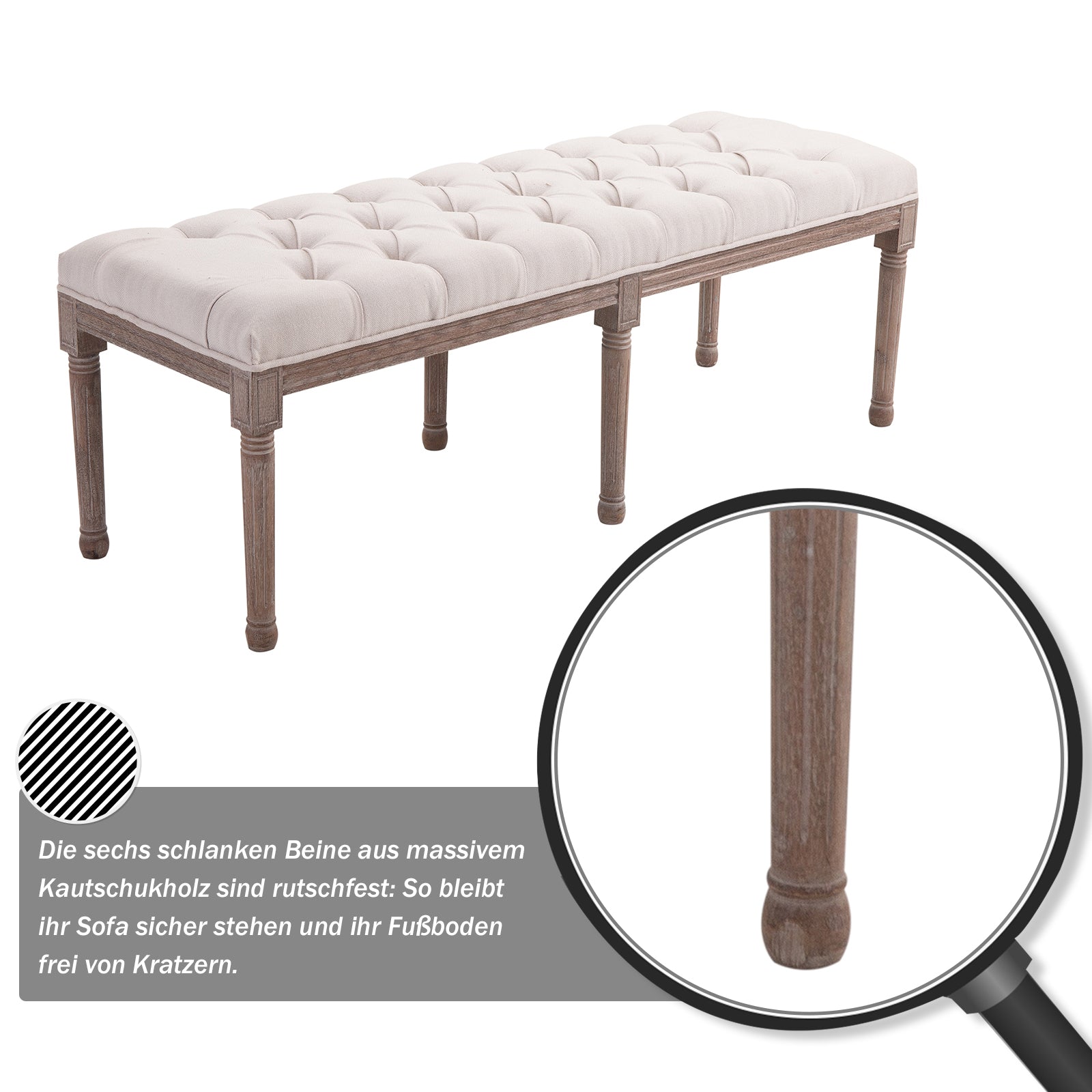 HOMCOM Polsterbank Sitzbank Lounge Sitzhocker Vintage Retro mit Knöpfen Leinen + Holz beige 142 x 47 x 51 cm