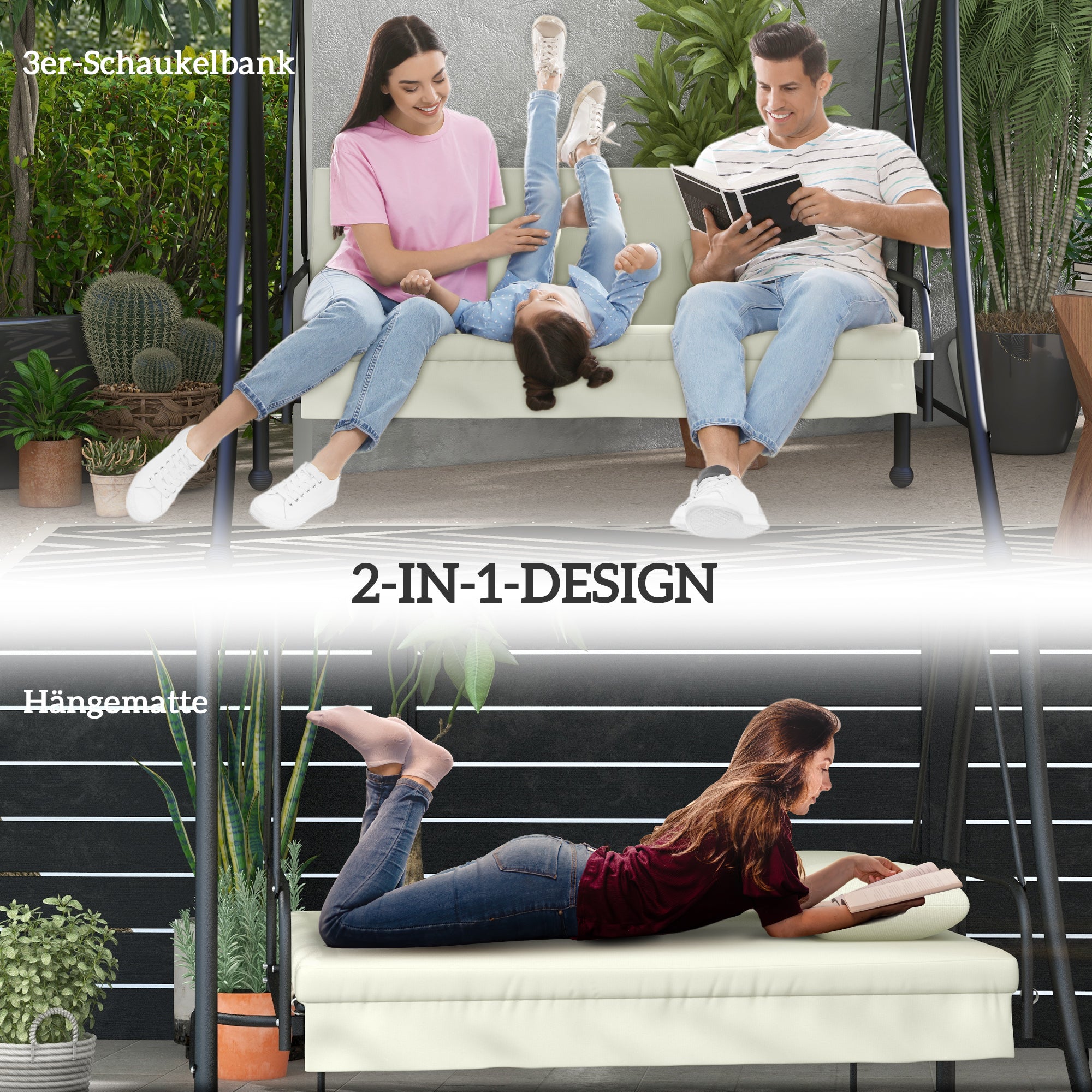 Outsunny Hollywoodschaukel, Schaukelbank mit Liege-Funktion, 3 Sitzer, Metall+Polyester, 200 x 125 x 170 cm, Weiß