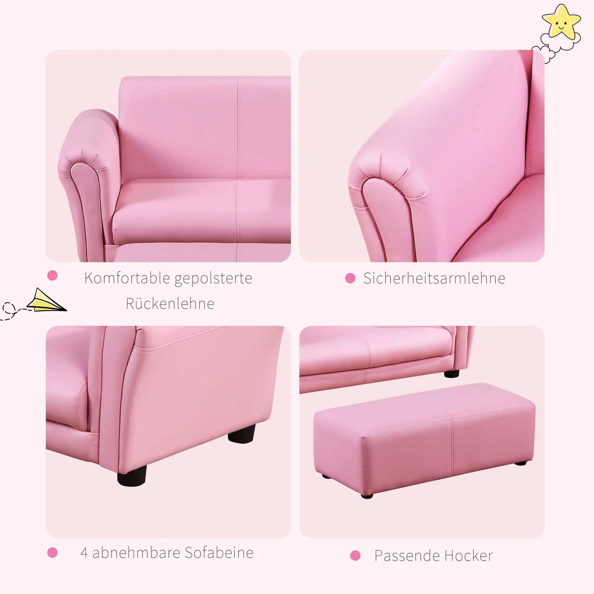 HOMCOM Kindersessel mit Hocker 2-teiliges Set Rosa