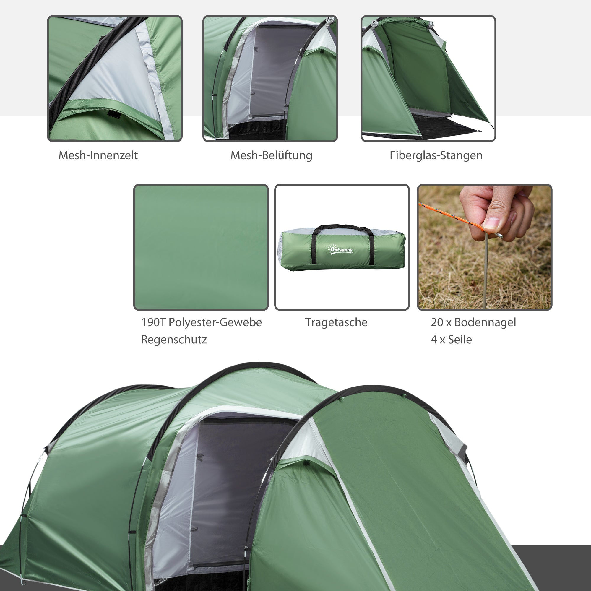 Outsunny Campingzelt für 2-3 Personen stabil wasserdicht Familienzelt mit Seitentür Fenster Packtasche, Zelt mit 2000mm Wassersäule Tunnelzelt Kuppelzelt für Camping Reise Trekking Garten, Dunkelgrün