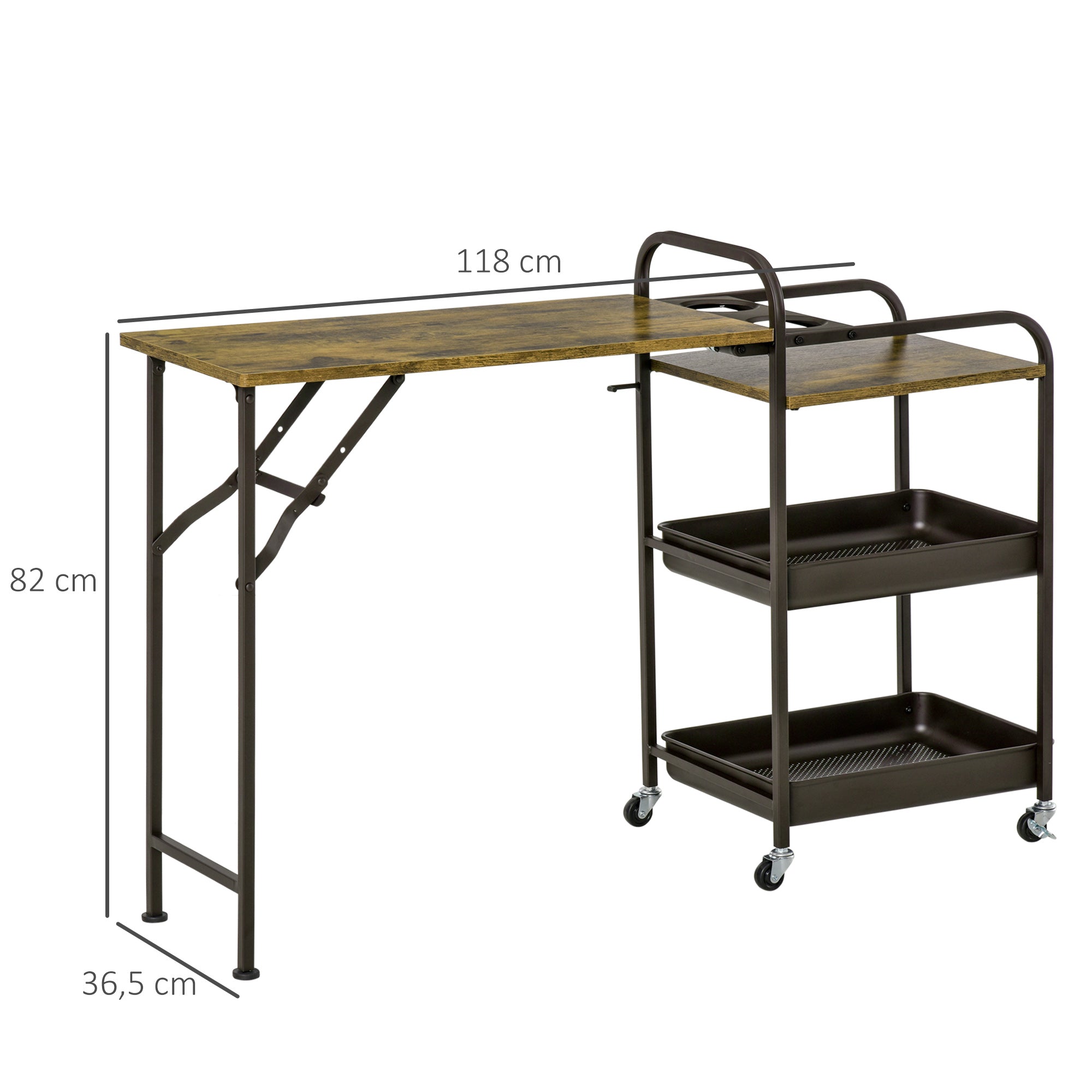 HOMCOM Küchenwagen Küchenrollwagen Servierwagen mit 1 klappbaren Tischplatte 2 Tabletts und 1 offenes Regal Rollen Verstellbare Fußpolster E1-Spanplatte Metall Rustikal-Braun 118 x 36,5 x 82 cm