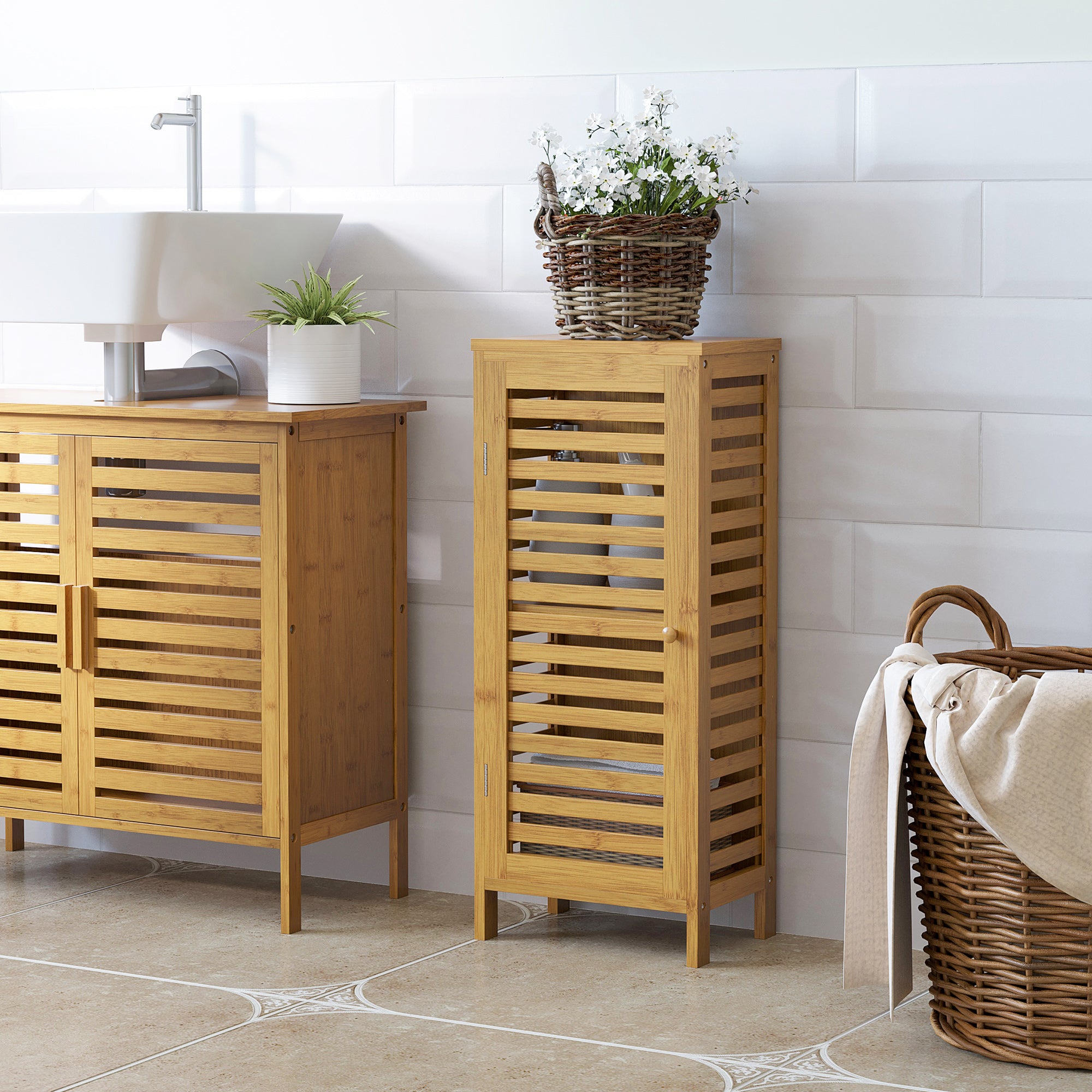 kleankin Badezimmerschrank mit Lamellentür, versetzbarem Einlegeboden, Naturbambus, 30x19,9x70 cm